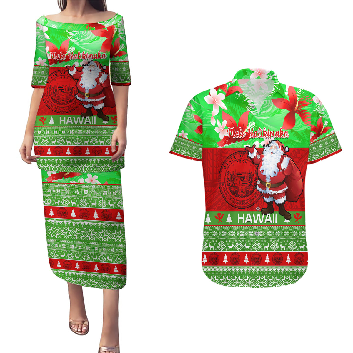 Personalised Hawaii Christmas Couples Matching Puletasi Dress and Hawaiian Shirt Mele Kalikimaka Hawaiian Santa Tropical Vibes - Wonder Print Shop