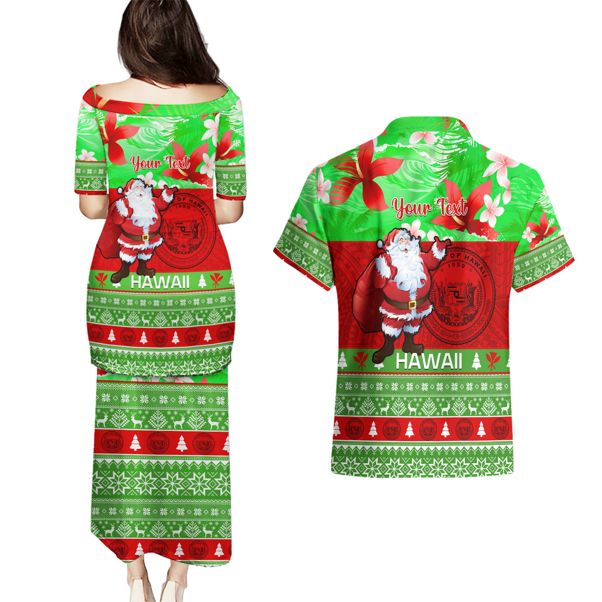 Personalised Hawaii Christmas Couples Matching Puletasi Dress and Hawaiian Shirt Mele Kalikimaka Hawaiian Santa Tropical Vibes - Wonder Print Shop