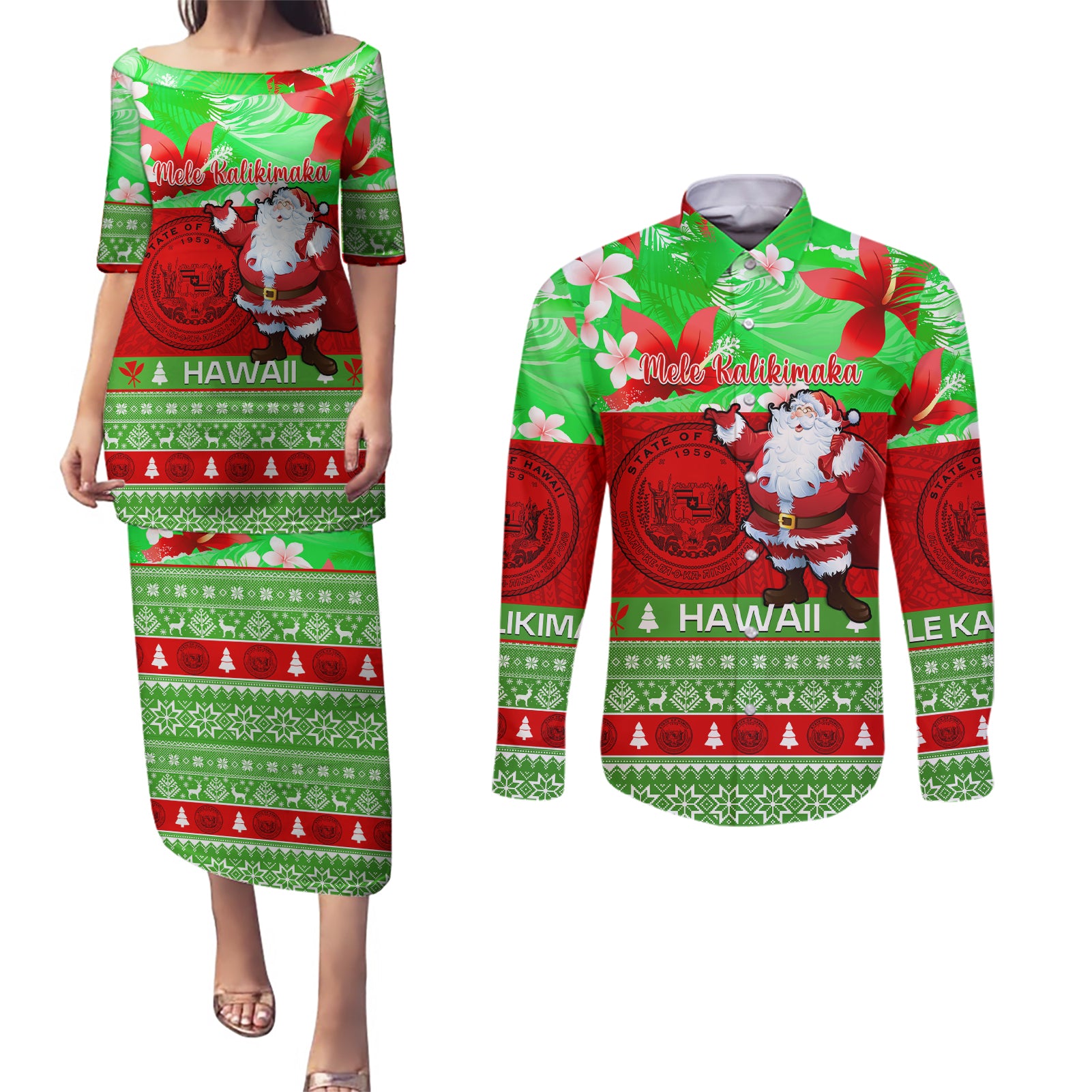 Personalised Hawaii Christmas Couples Matching Puletasi Dress and Long Sleeve Button Shirts Mele Kalikimaka Hawaiian Santa Tropical Vibes - Wonder Print Shop