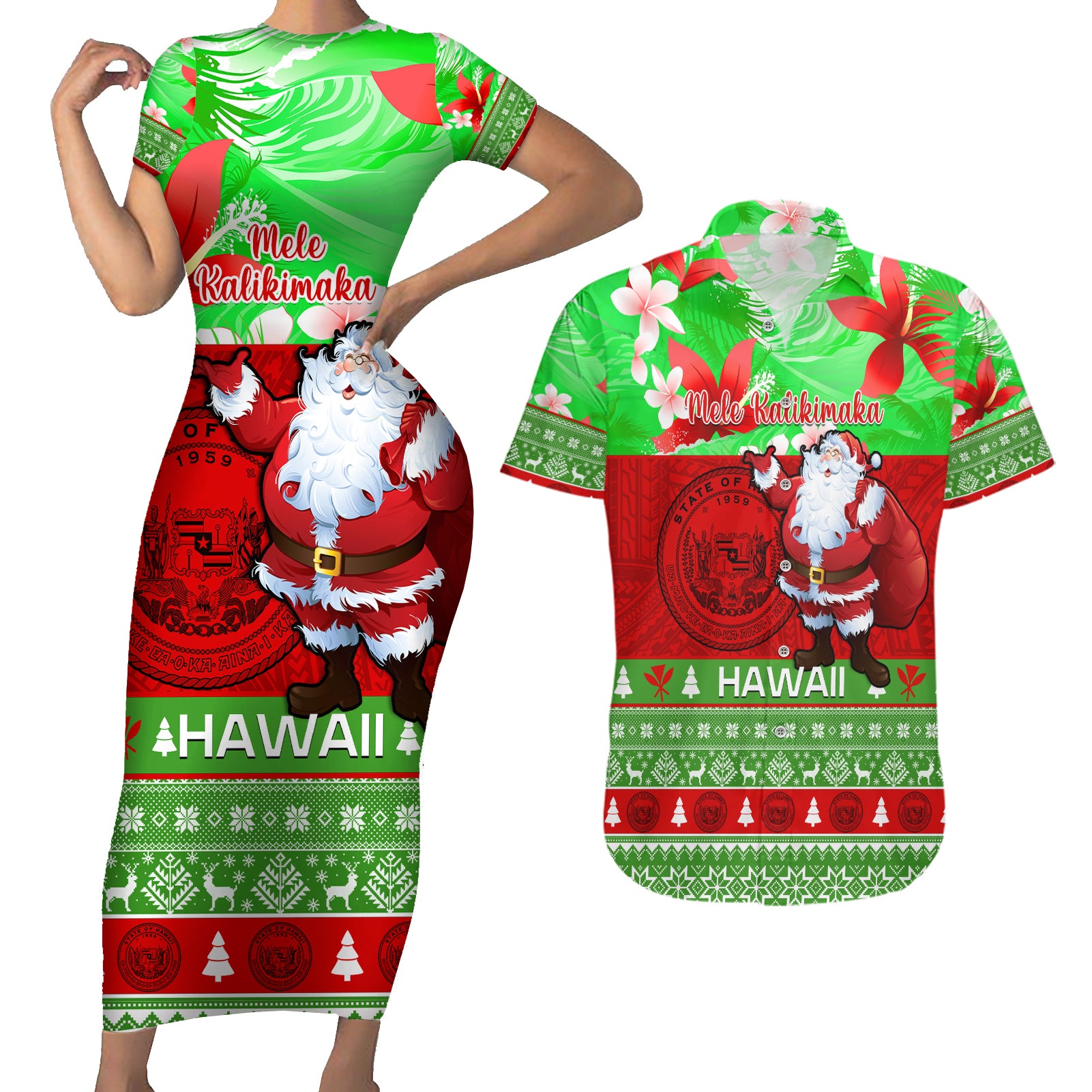 Personalised Hawaii Christmas Couples Matching Short Sleeve Bodycon Dress and Hawaiian Shirt Mele Kalikimaka Hawaiian Santa Tropical Vibes - Wonder Print Shop