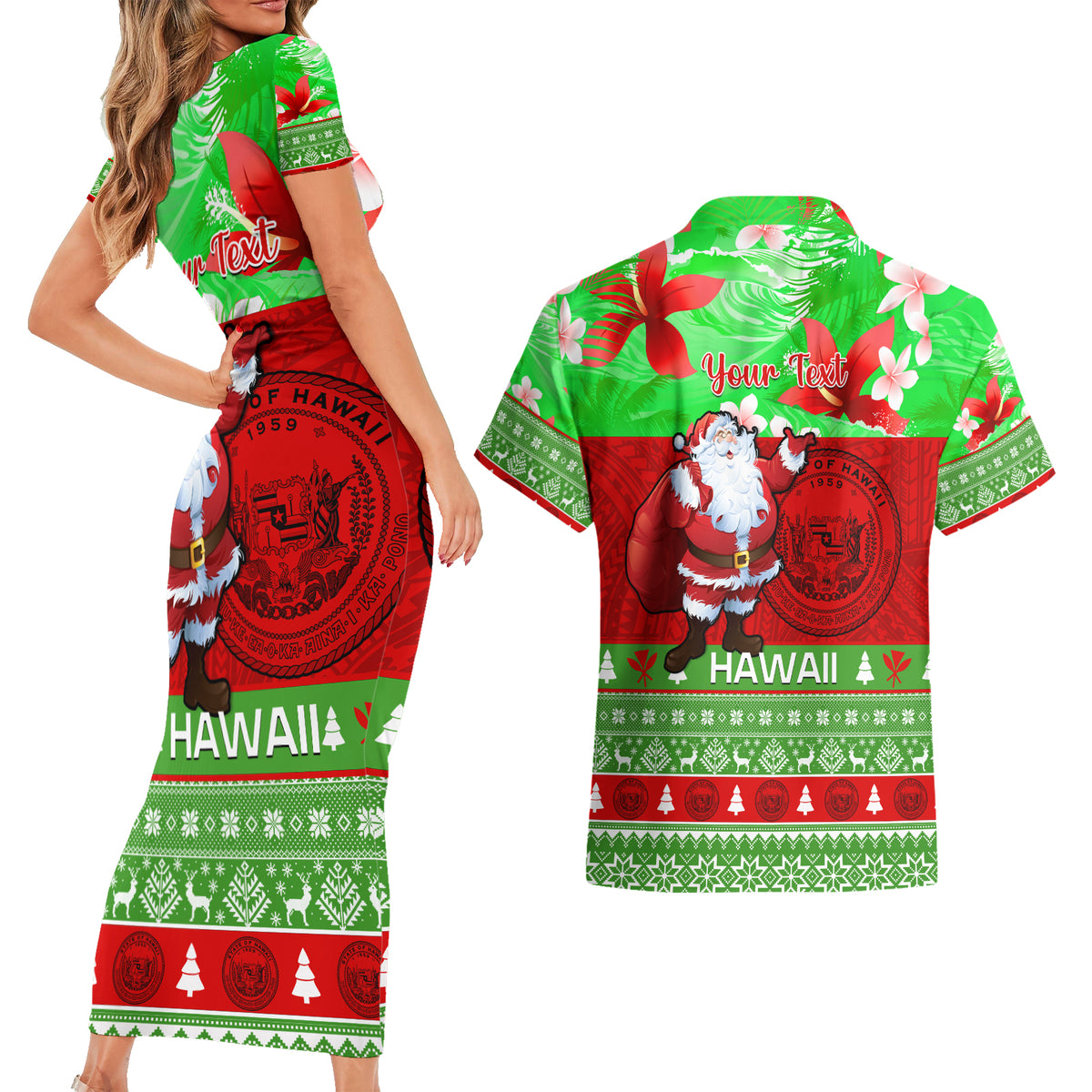 Personalised Hawaii Christmas Couples Matching Short Sleeve Bodycon Dress and Hawaiian Shirt Mele Kalikimaka Hawaiian Santa Tropical Vibes - Wonder Print Shop