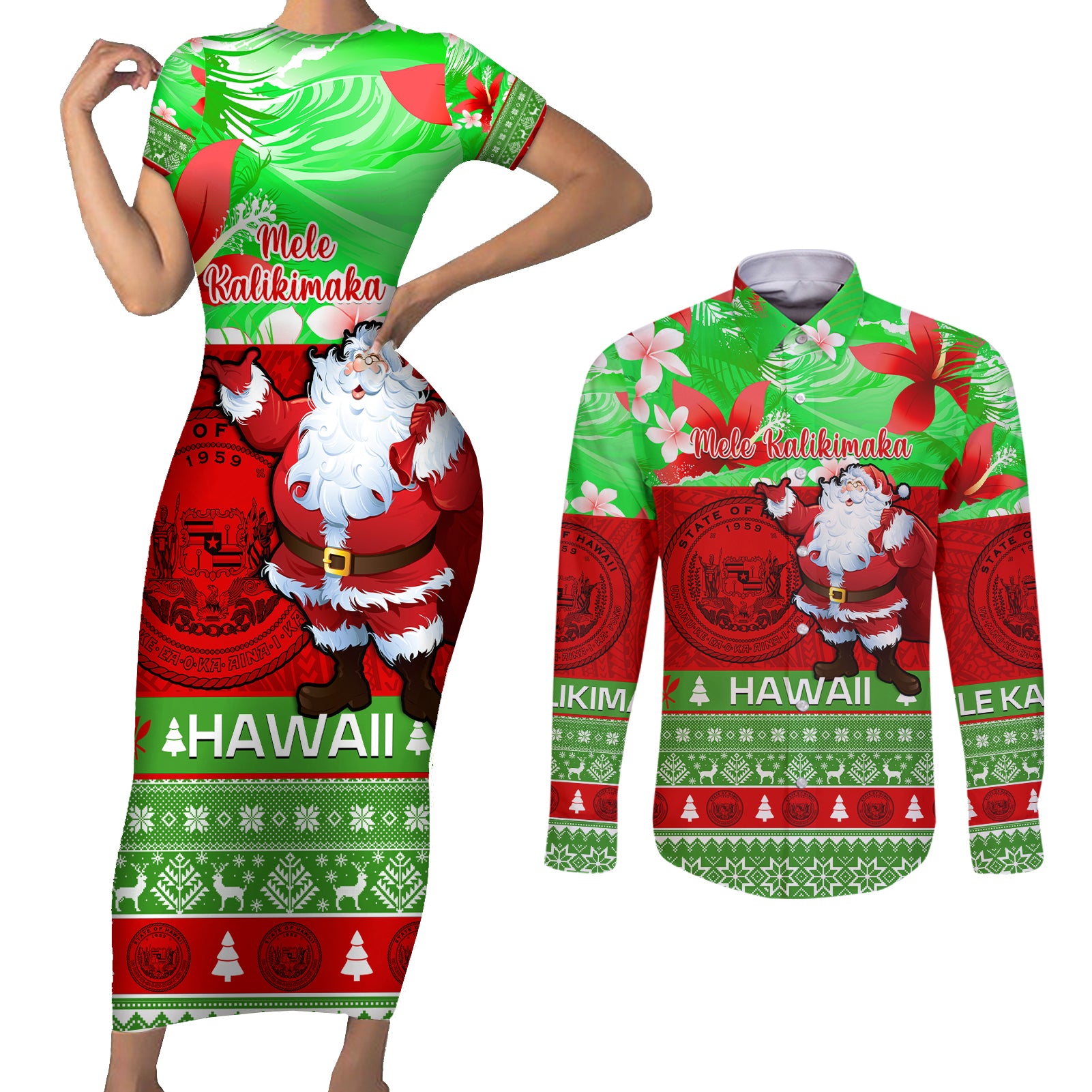 Personalised Hawaii Christmas Couples Matching Short Sleeve Bodycon Dress and Long Sleeve Button Shirts Mele Kalikimaka Hawaiian Santa Tropical Vibes - Wonder Print Shop