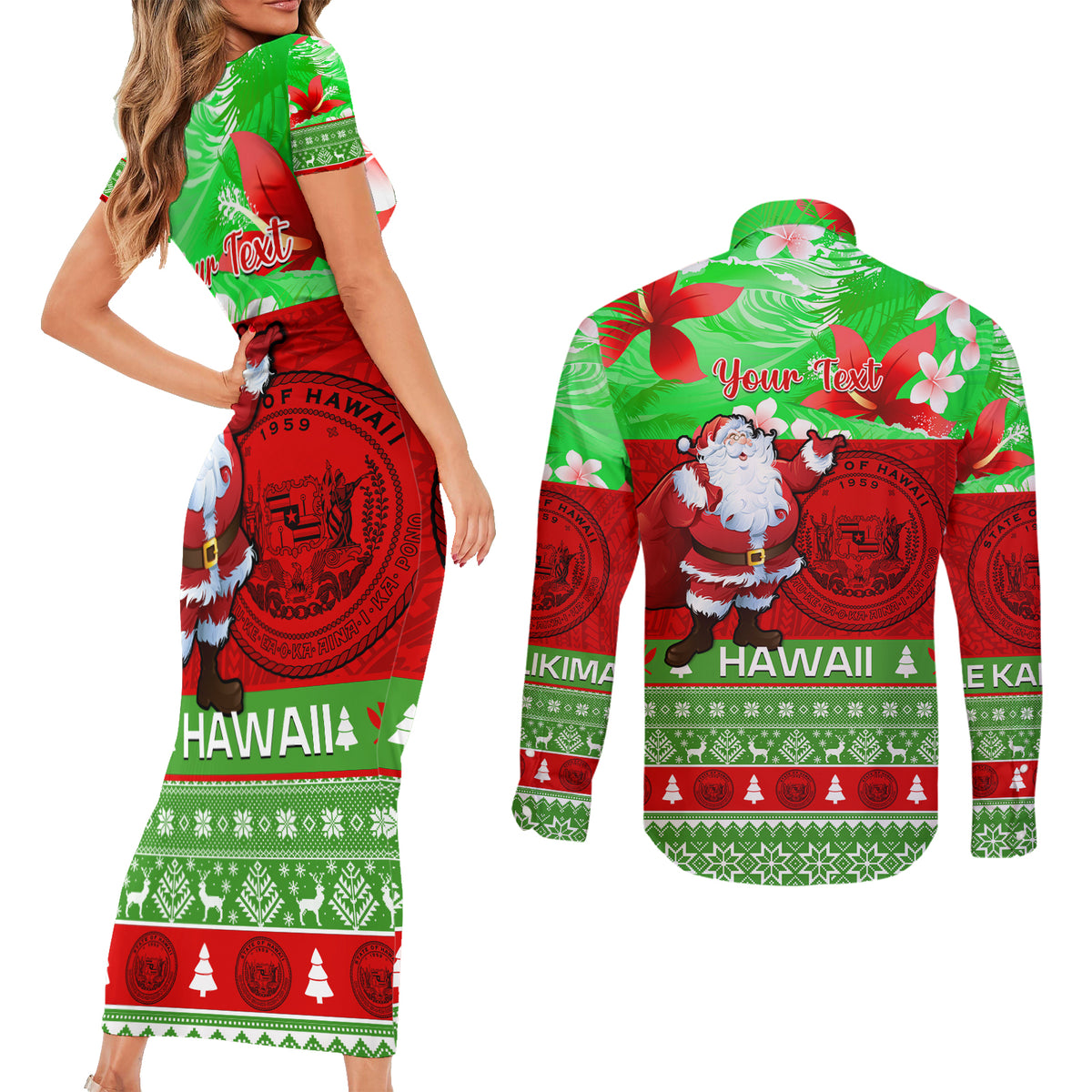 Personalised Hawaii Christmas Couples Matching Short Sleeve Bodycon Dress and Long Sleeve Button Shirts Mele Kalikimaka Hawaiian Santa Tropical Vibes - Wonder Print Shop