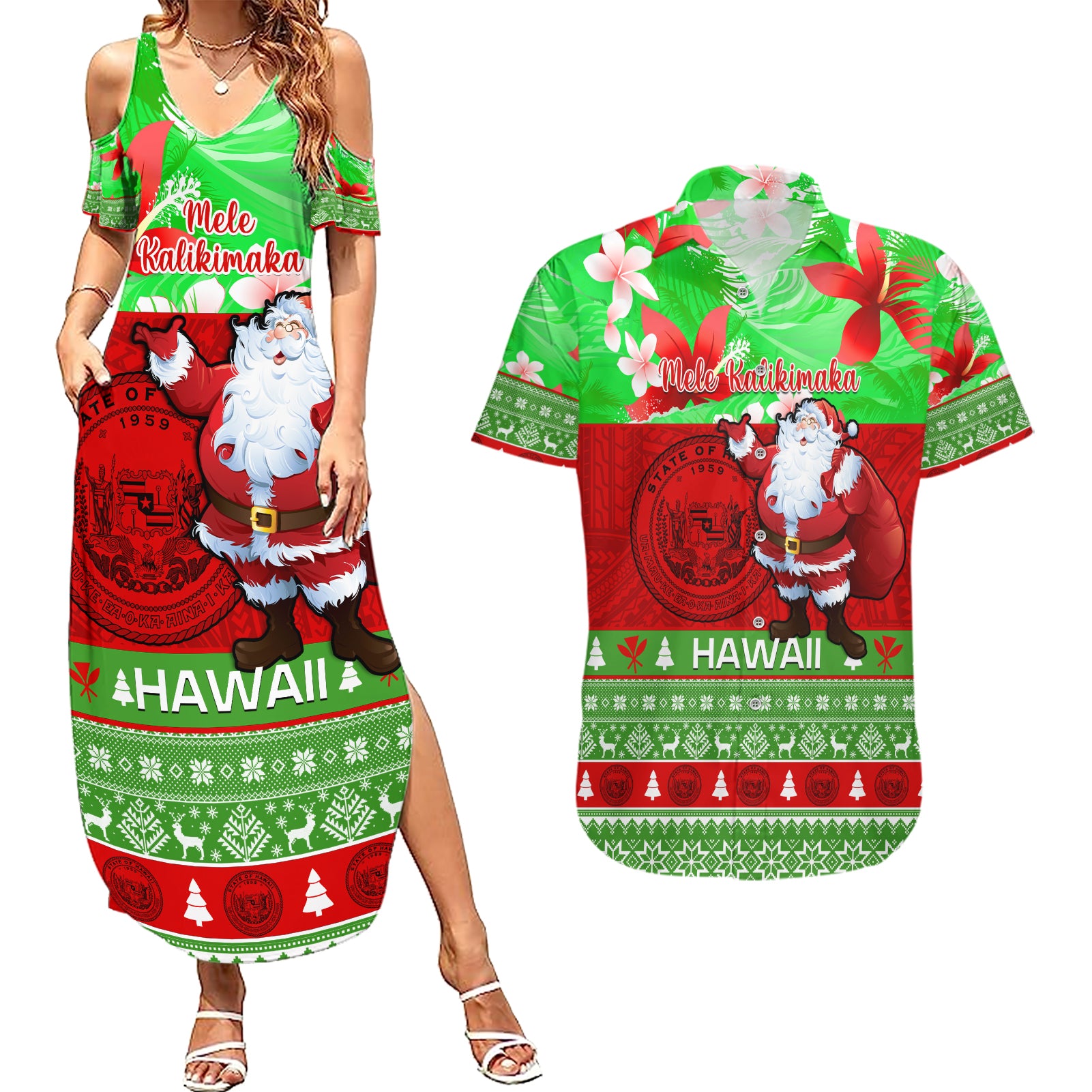 Personalised Hawaii Christmas Couples Matching Summer Maxi Dress and Hawaiian Shirt Mele Kalikimaka Hawaiian Santa Tropical Vibes - Wonder Print Shop