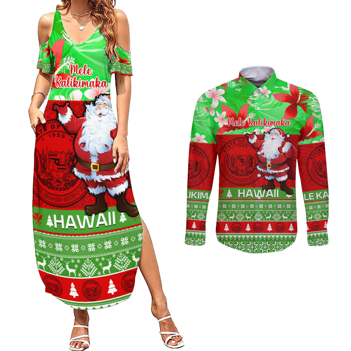 Personalised Hawaii Christmas Couples Matching Summer Maxi Dress and Long Sleeve Button Shirts Mele Kalikimaka Hawaiian Santa Tropical Vibes - Wonder Print Shop