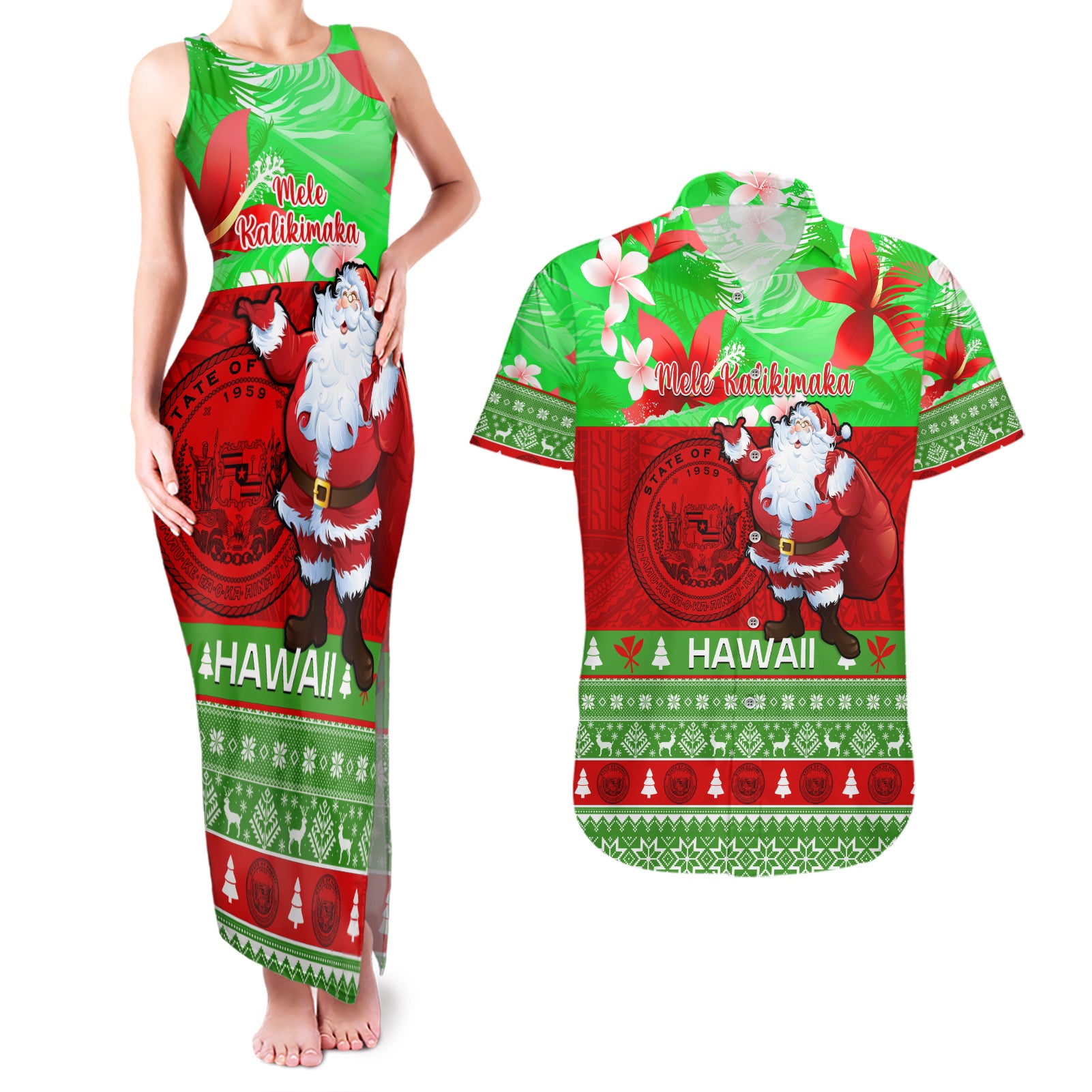 Personalised Hawaii Christmas Couples Matching Tank Maxi Dress and Hawaiian Shirt Mele Kalikimaka Hawaiian Santa Tropical Vibes - Wonder Print Shop