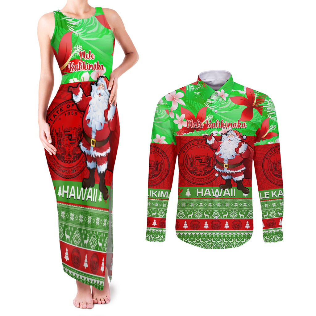 Personalised Hawaii Christmas Couples Matching Tank Maxi Dress and Long Sleeve Button Shirts Mele Kalikimaka Hawaiian Santa Tropical Vibes - Wonder Print Shop