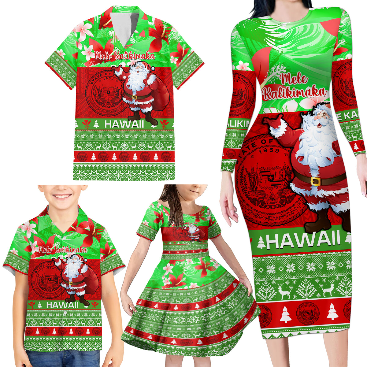 Personalised Hawaii Christmas Family Matching Long Sleeve Bodycon Dress and Hawaiian Shirt Mele Kalikimaka Hawaiian Santa Tropical Vibes - Wonder Print Shop
