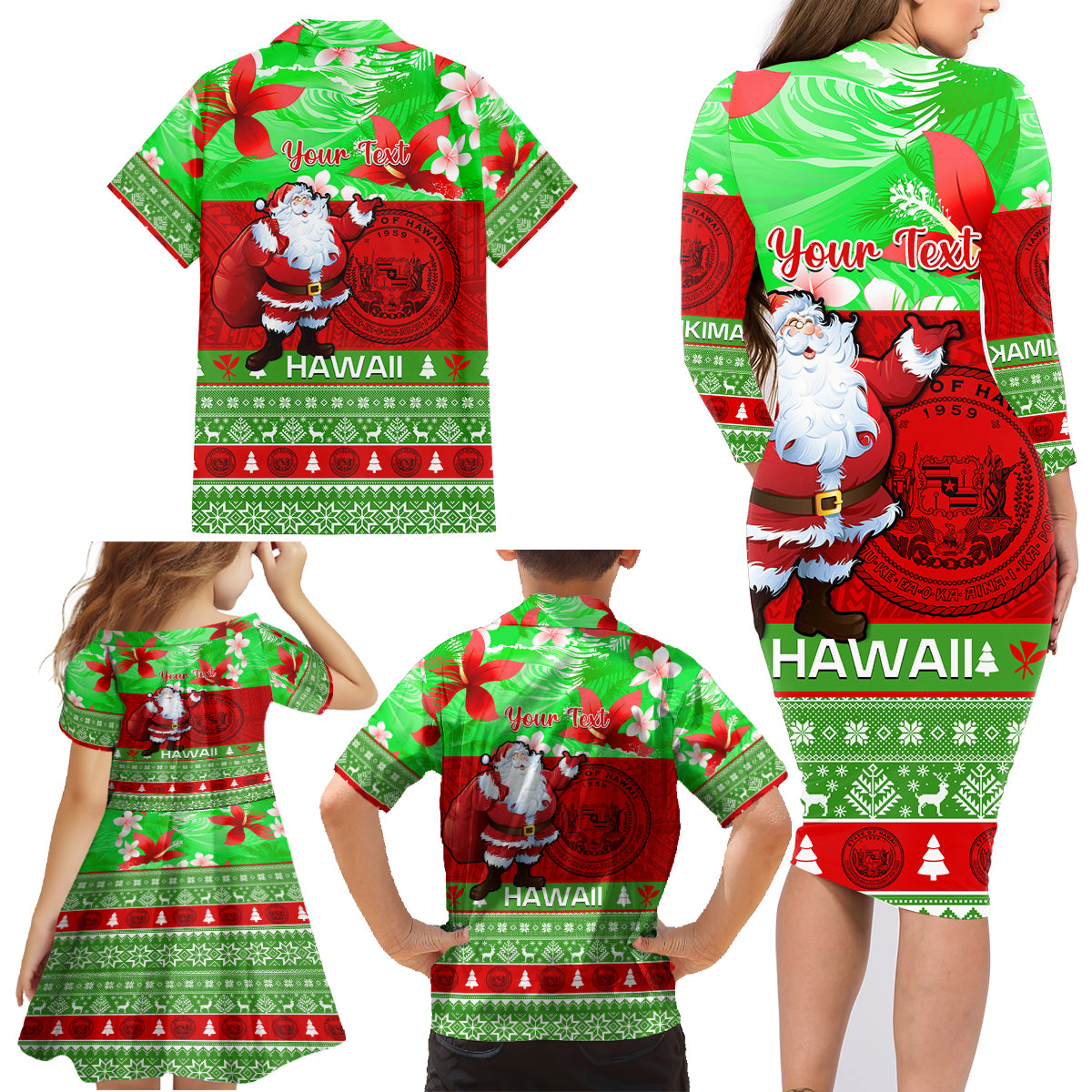Personalised Hawaii Christmas Family Matching Long Sleeve Bodycon Dress and Hawaiian Shirt Mele Kalikimaka Hawaiian Santa Tropical Vibes - Wonder Print Shop