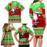 Personalised Hawaii Christmas Family Matching Long Sleeve Bodycon Dress and Hawaiian Shirt Mele Kalikimaka Hawaiian Santa Tropical Vibes - Wonder Print Shop