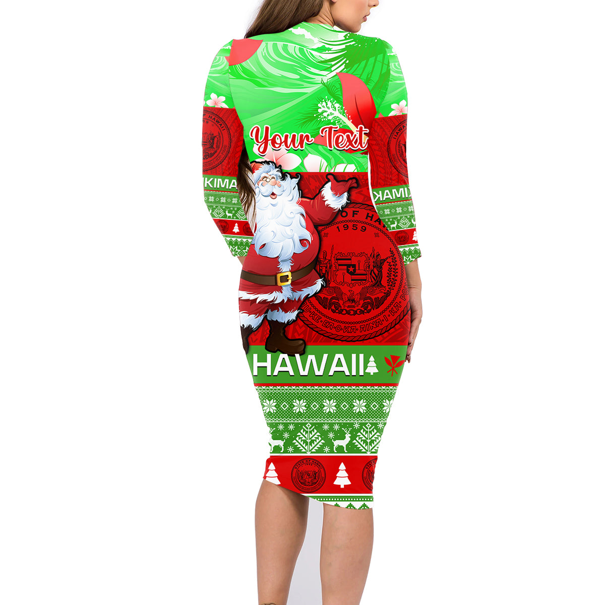 Personalised Hawaii Christmas Family Matching Long Sleeve Bodycon Dress and Hawaiian Shirt Mele Kalikimaka Hawaiian Santa Tropical Vibes - Wonder Print Shop