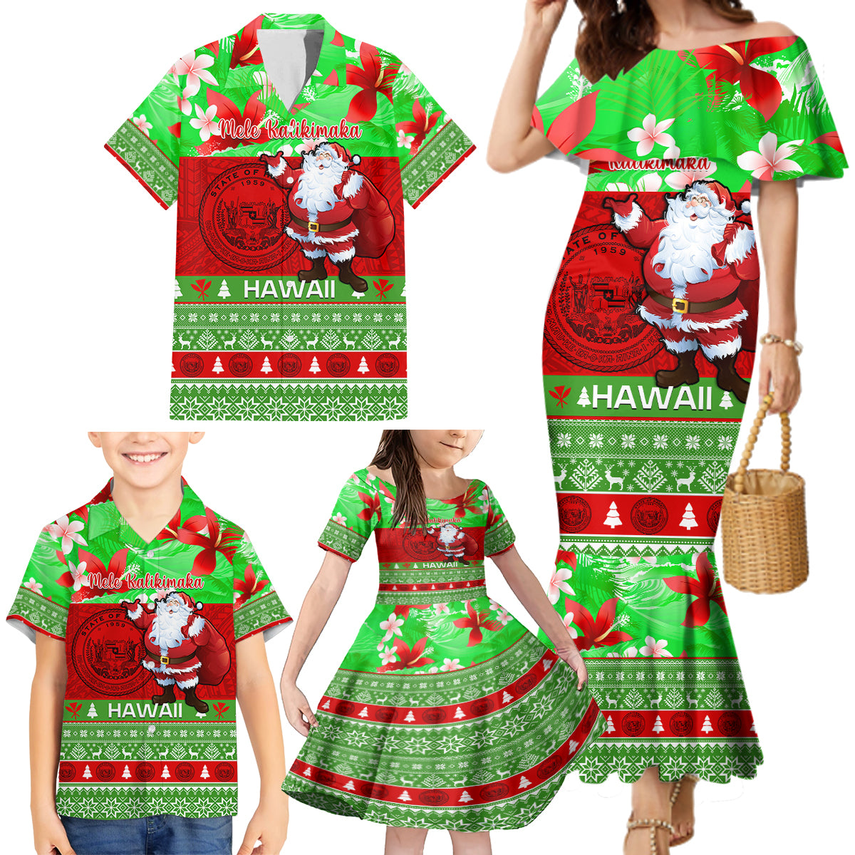 Personalised Hawaii Christmas Family Matching Mermaid Dress and Hawaiian Shirt Mele Kalikimaka Hawaiian Santa Tropical Vibes - Wonder Print Shop