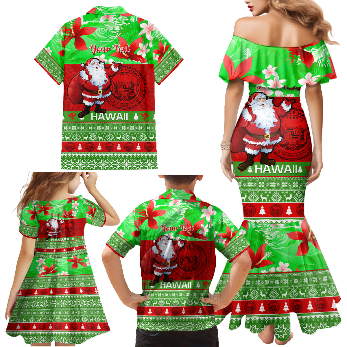 Personalised Hawaii Christmas Family Matching Mermaid Dress and Hawaiian Shirt Mele Kalikimaka Hawaiian Santa Tropical Vibes - Wonder Print Shop