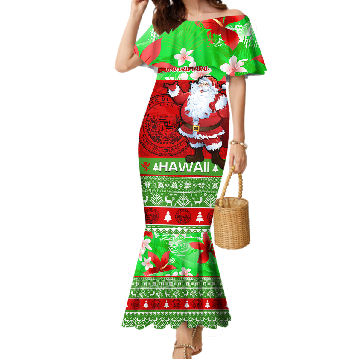 Personalised Hawaii Christmas Family Matching Mermaid Dress and Hawaiian Shirt Mele Kalikimaka Hawaiian Santa Tropical Vibes - Wonder Print Shop