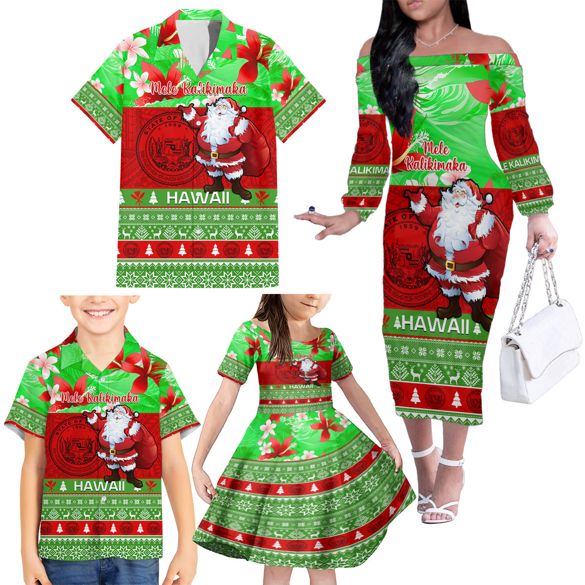 Personalised Hawaii Christmas Family Matching Off Shoulder Long Sleeve Dress and Hawaiian Shirt Mele Kalikimaka Hawaiian Santa Tropical Vibes - Wonder Print Shop