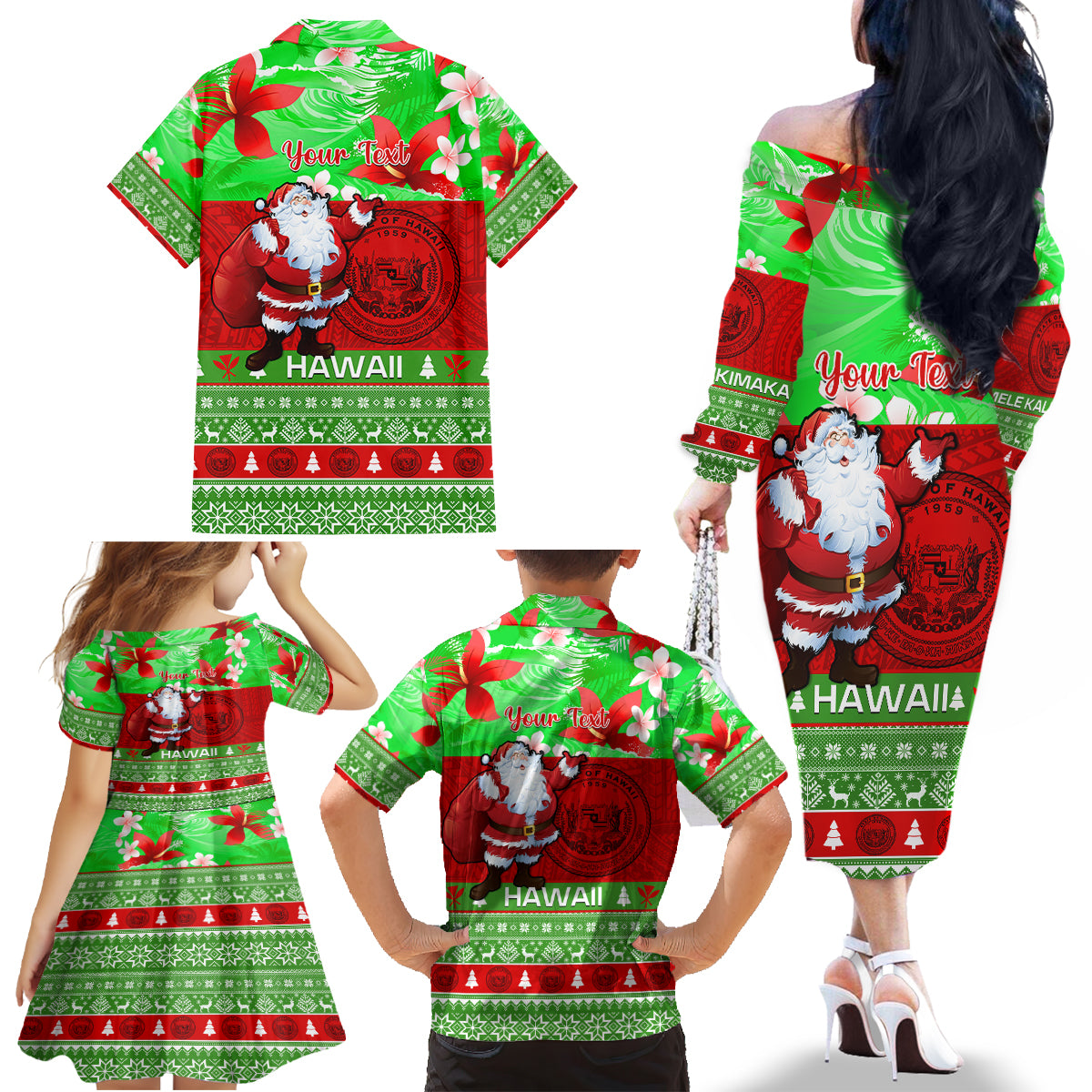 Personalised Hawaii Christmas Family Matching Off Shoulder Long Sleeve Dress and Hawaiian Shirt Mele Kalikimaka Hawaiian Santa Tropical Vibes - Wonder Print Shop