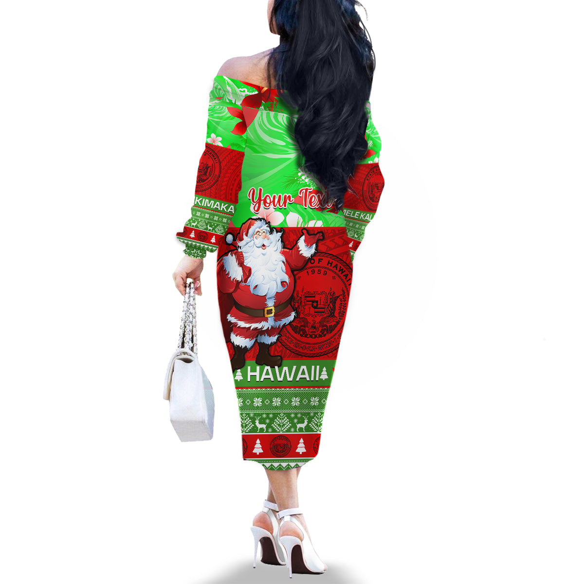 Personalised Hawaii Christmas Family Matching Off Shoulder Long Sleeve Dress and Hawaiian Shirt Mele Kalikimaka Hawaiian Santa Tropical Vibes - Wonder Print Shop