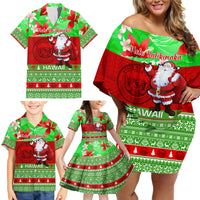Personalised Hawaii Christmas Family Matching Off Shoulder Short Dress and Hawaiian Shirt Mele Kalikimaka Hawaiian Santa Tropical Vibes - Wonder Print Shop