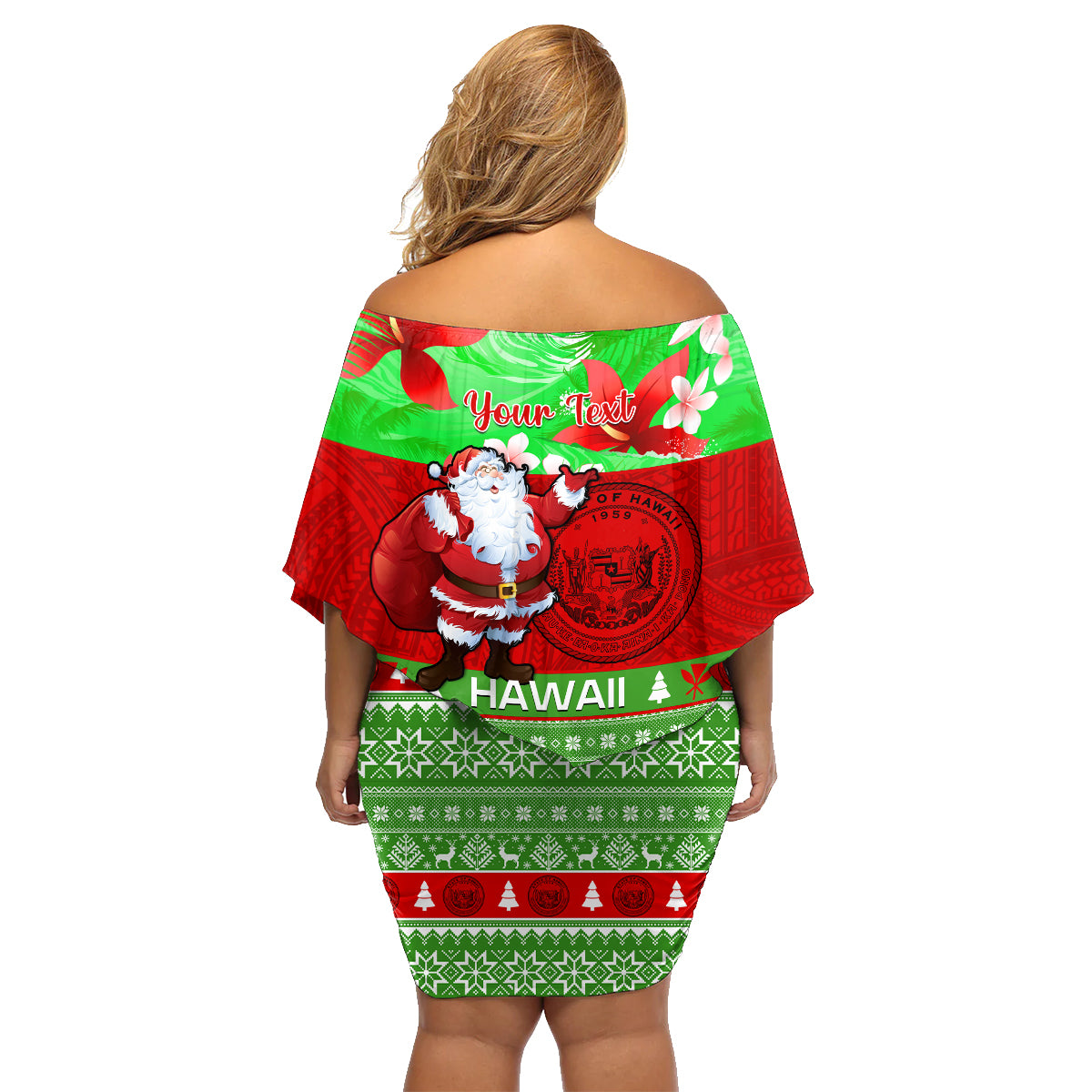 Personalised Hawaii Christmas Family Matching Off Shoulder Short Dress and Hawaiian Shirt Mele Kalikimaka Hawaiian Santa Tropical Vibes - Wonder Print Shop