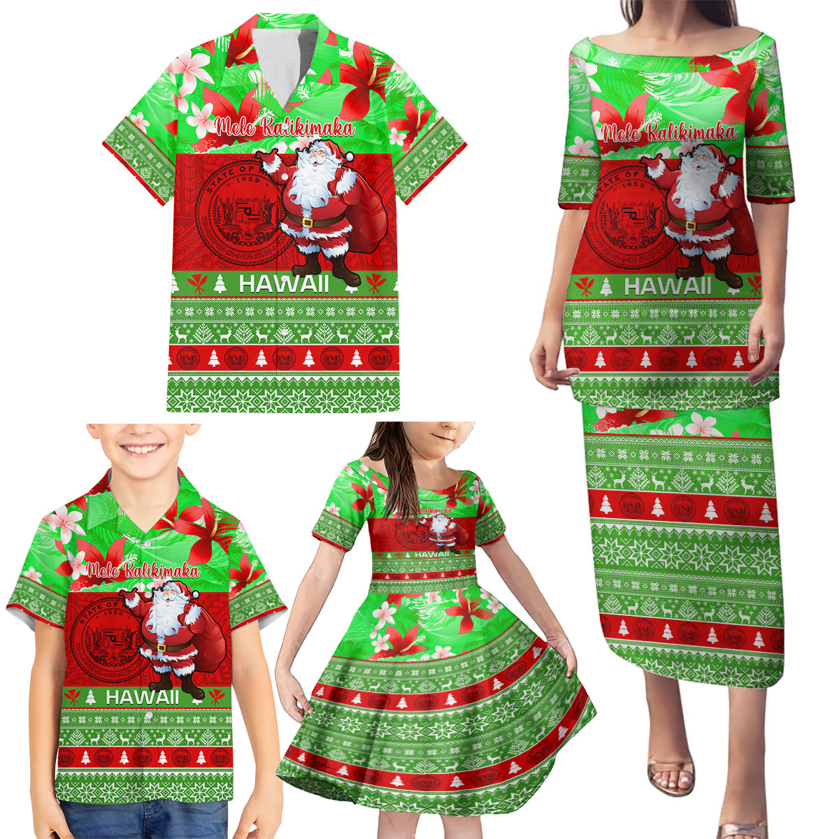 Personalised Hawaii Christmas Family Matching Puletasi Dress and Hawaiian Shirt Mele Kalikimaka Hawaiian Santa Tropical Vibes - Wonder Print Shop