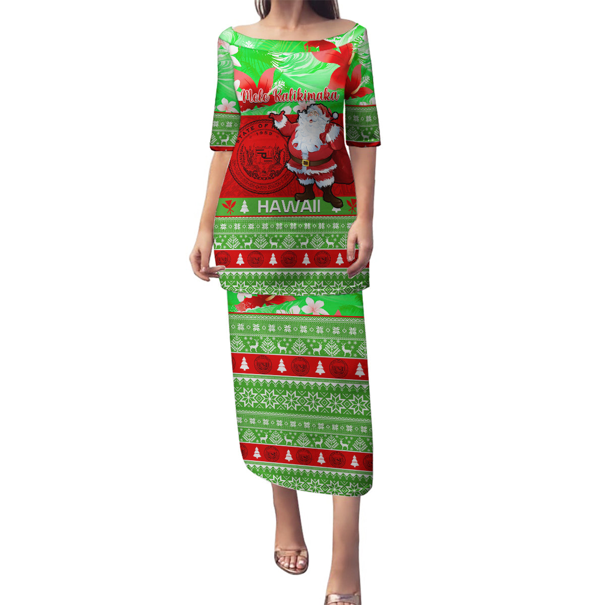 Personalised Hawaii Christmas Family Matching Puletasi Dress and Hawaiian Shirt Mele Kalikimaka Hawaiian Santa Tropical Vibes - Wonder Print Shop
