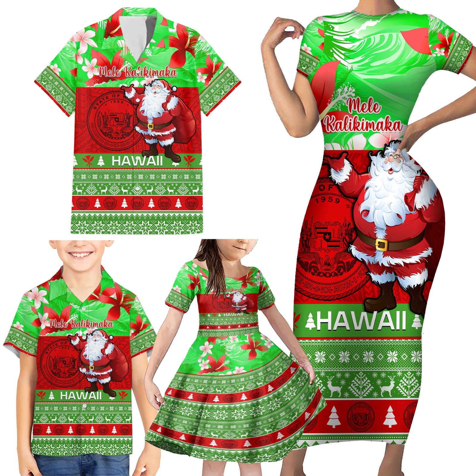 Personalised Hawaii Christmas Family Matching Short Sleeve Bodycon Dress and Hawaiian Shirt Mele Kalikimaka Hawaiian Santa Tropical Vibes - Wonder Print Shop