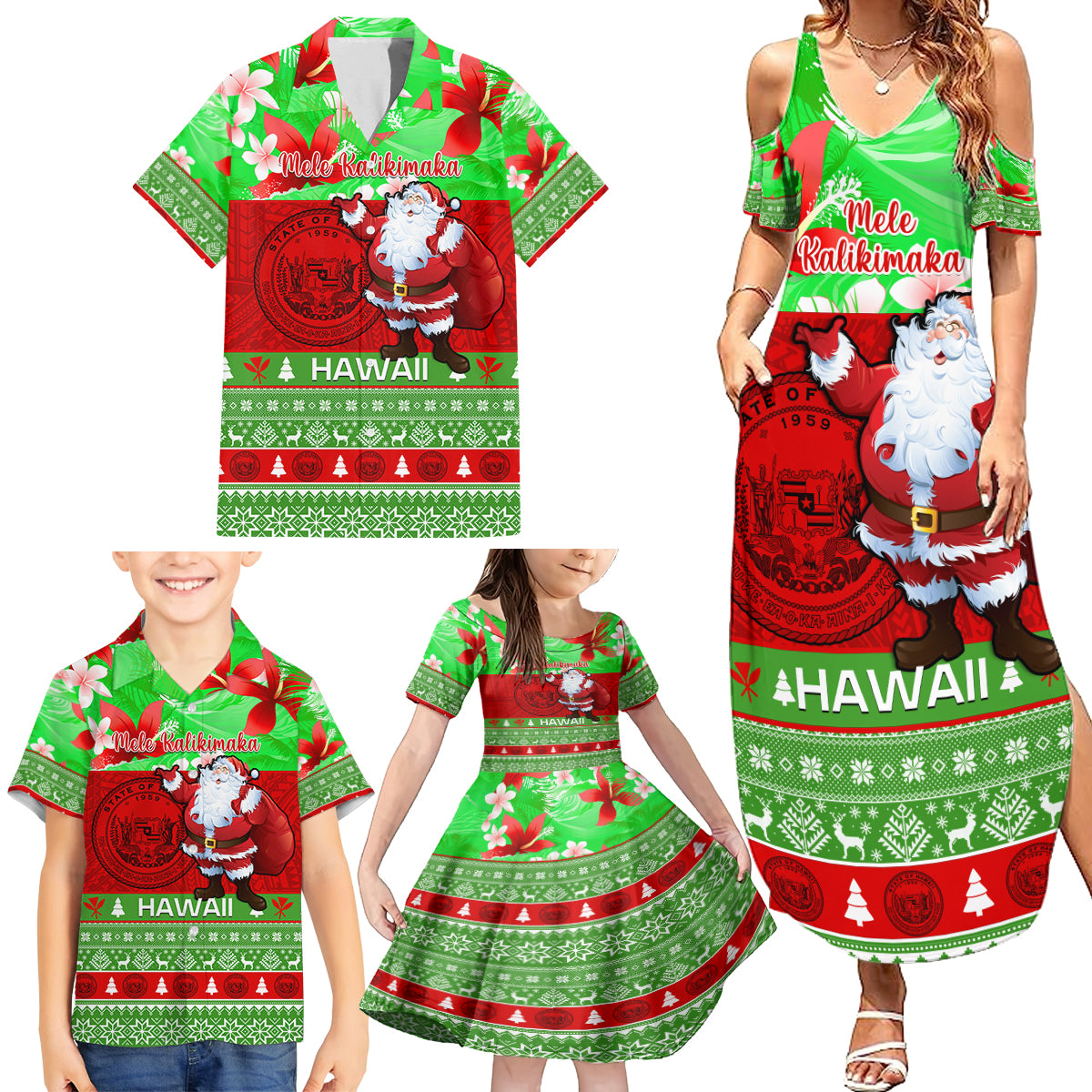 Personalised Hawaii Christmas Family Matching Summer Maxi Dress and Hawaiian Shirt Mele Kalikimaka Hawaiian Santa Tropical Vibes - Wonder Print Shop