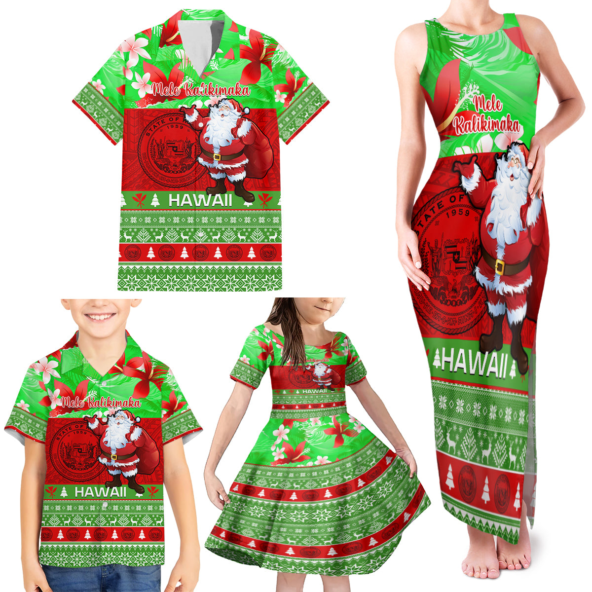Personalised Hawaii Christmas Family Matching Tank Maxi Dress and Hawaiian Shirt Mele Kalikimaka Hawaiian Santa Tropical Vibes - Wonder Print Shop
