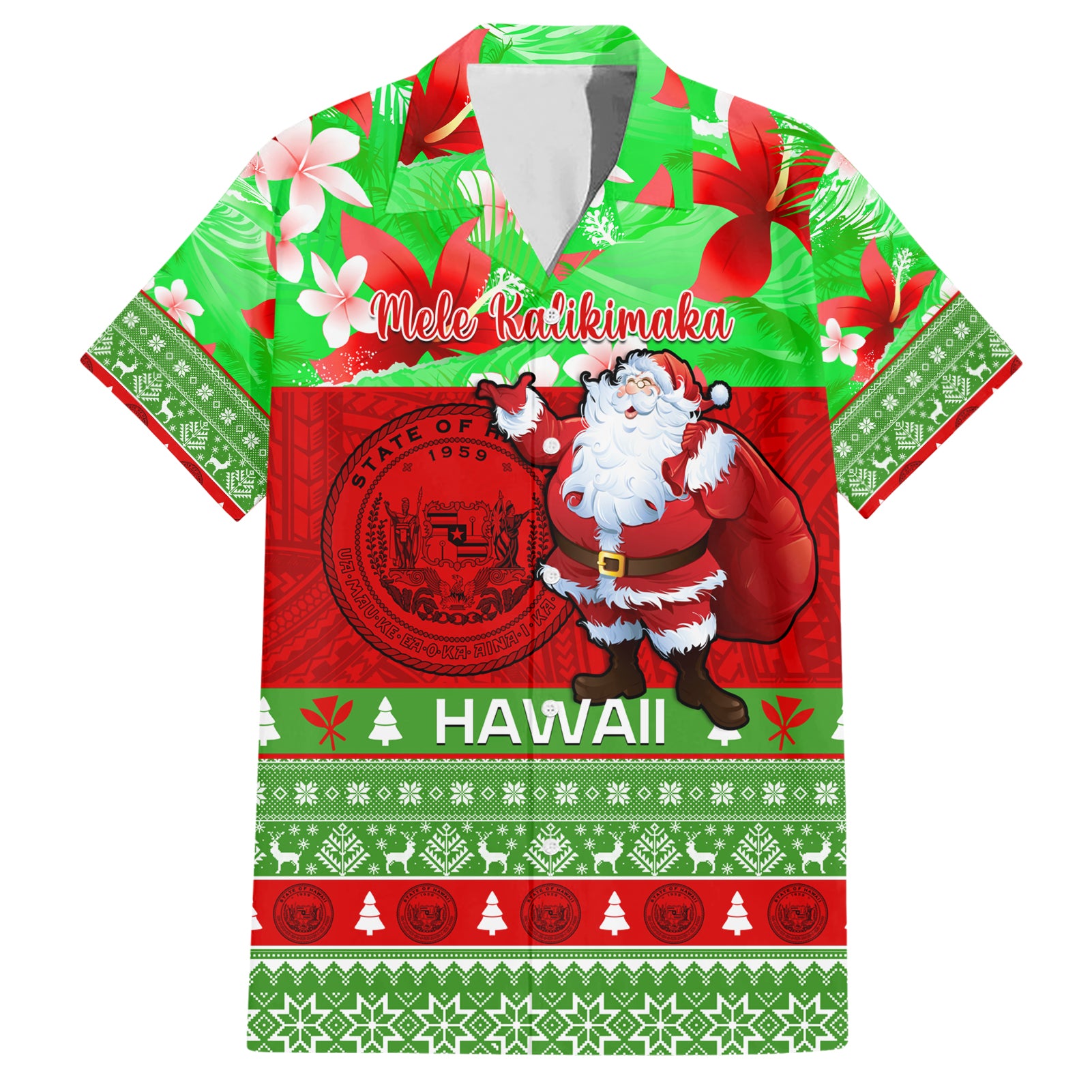Personalised Hawaii Christmas Hawaiian Shirt Mele Kalikimaka Hawaiian Santa Tropical Vibes - Wonder Print Shop