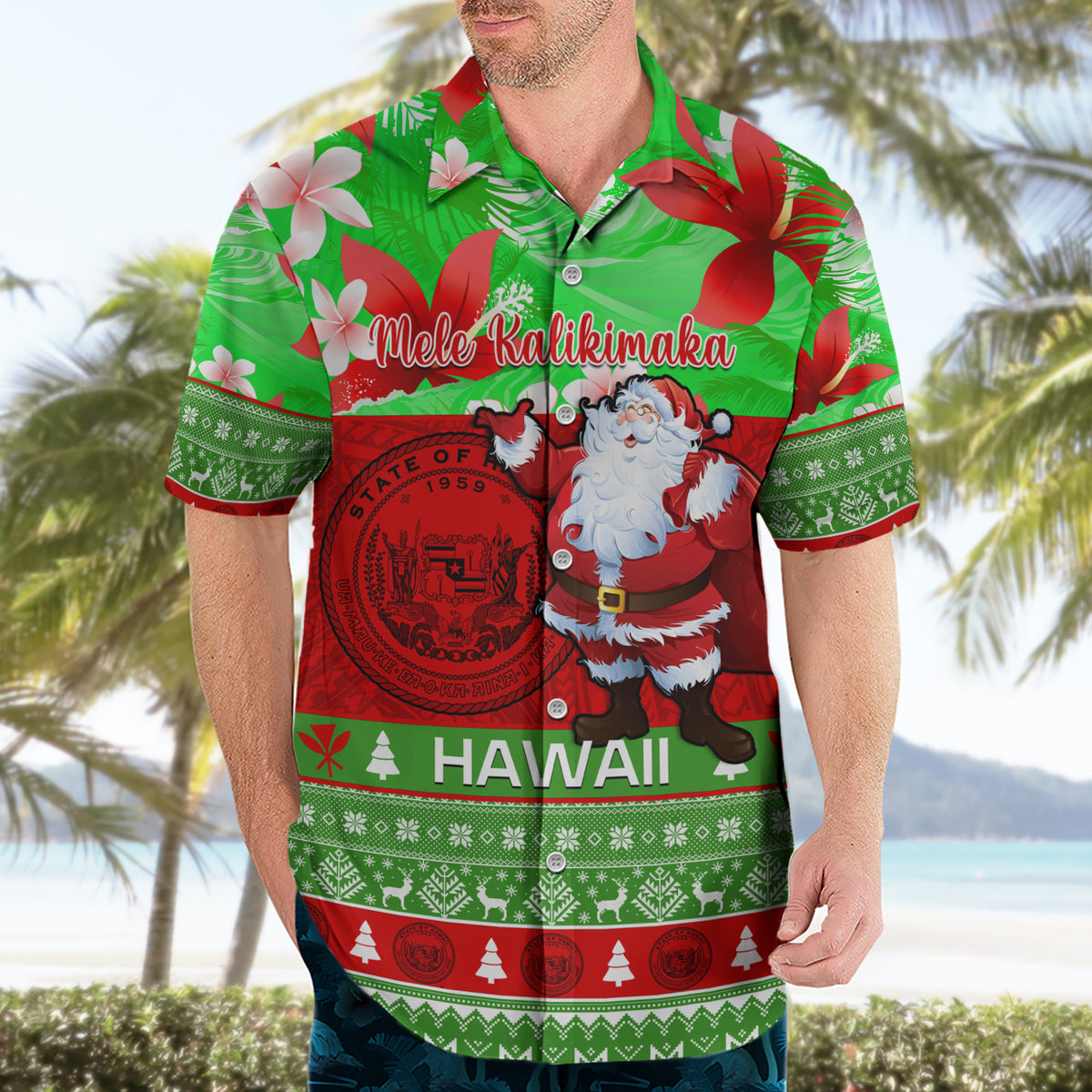 Personalised Hawaii Christmas Hawaiian Shirt Mele Kalikimaka Hawaiian Santa Tropical Vibes - Wonder Print Shop