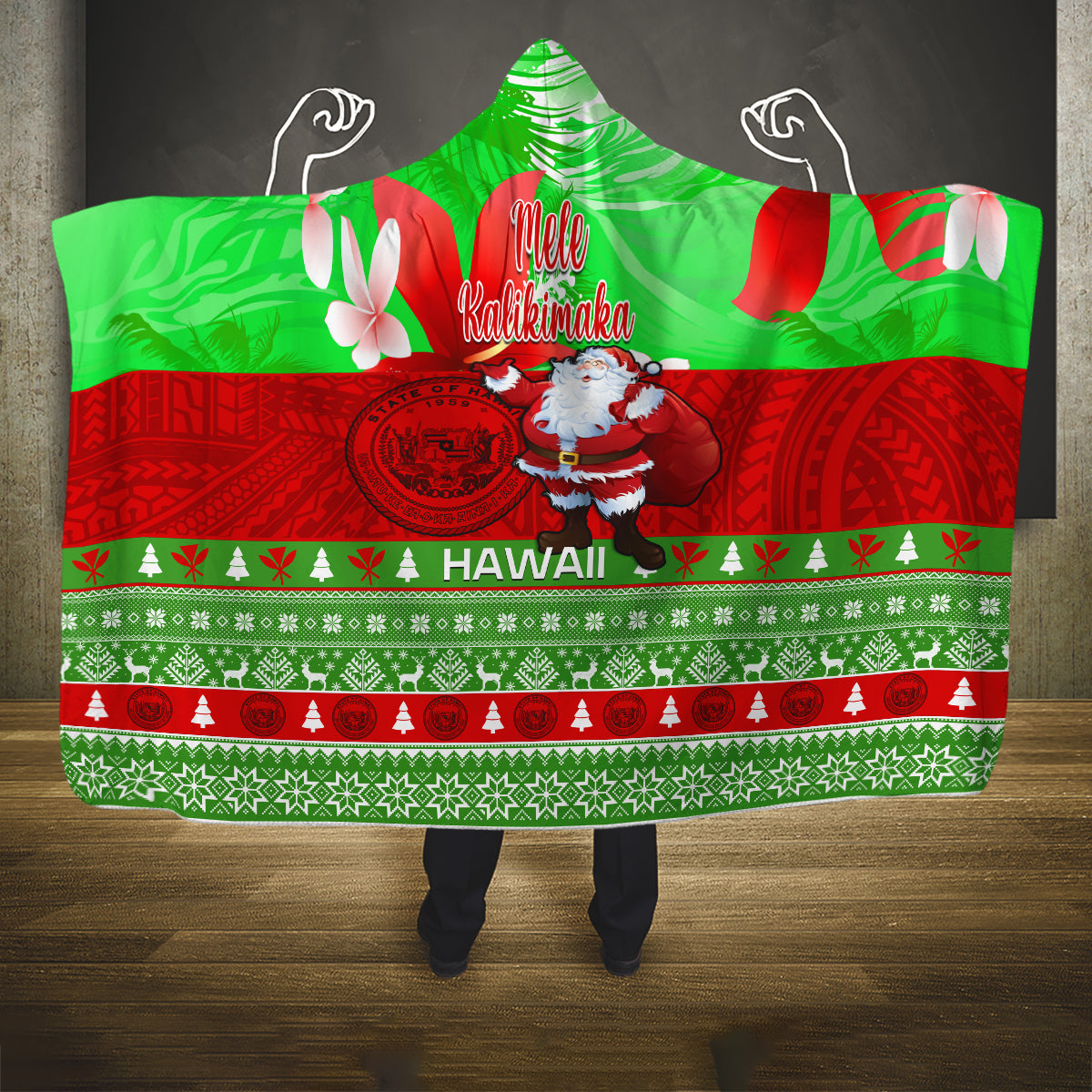 personalised-hawaii-christmas-hooded-blanket-mele-kalikimaka-hawaiian-santa-tropical-vibes