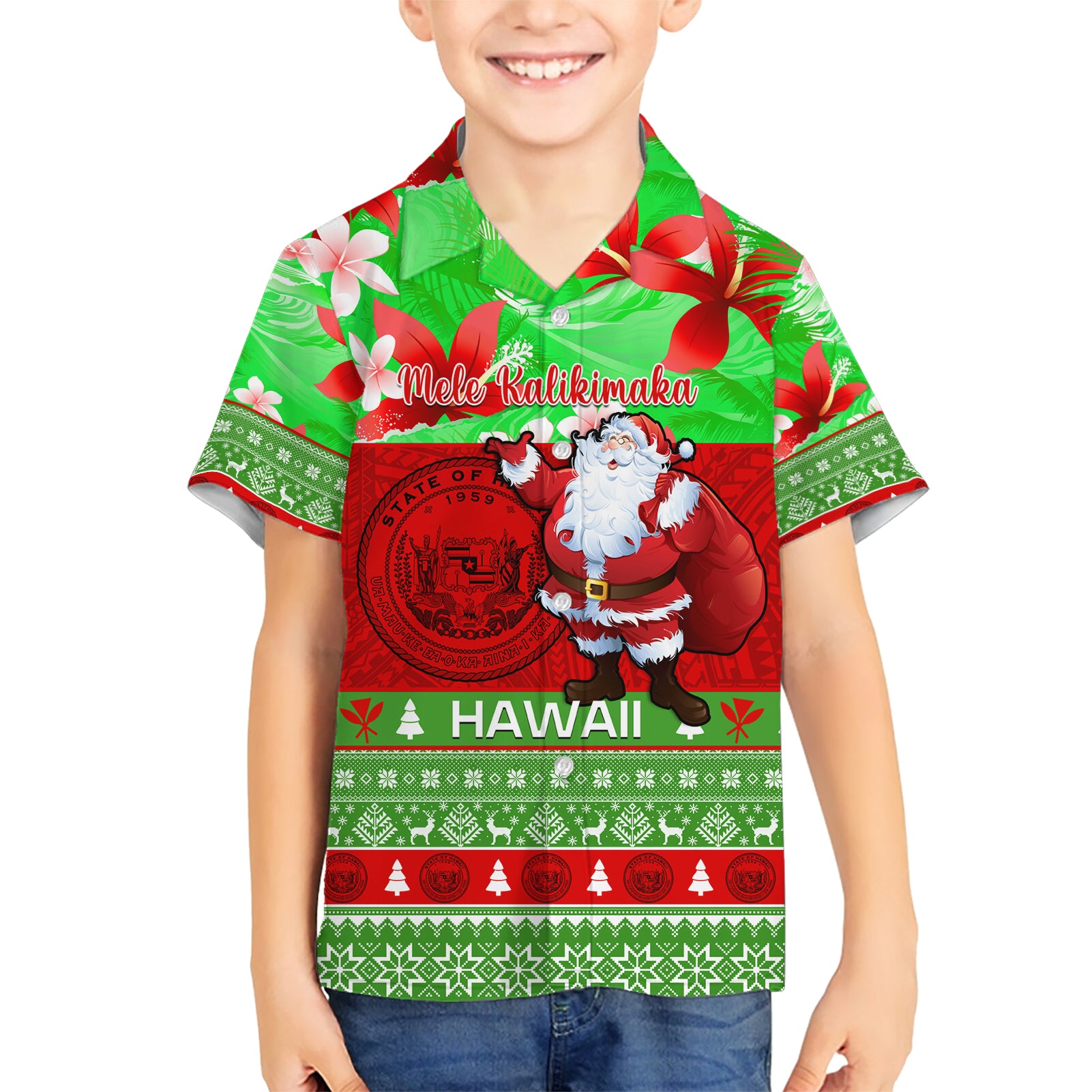 Personalised Hawaii Christmas Kid Hawaiian Shirt Mele Kalikimaka Hawaiian Santa Tropical Vibes - Wonder Print Shop
