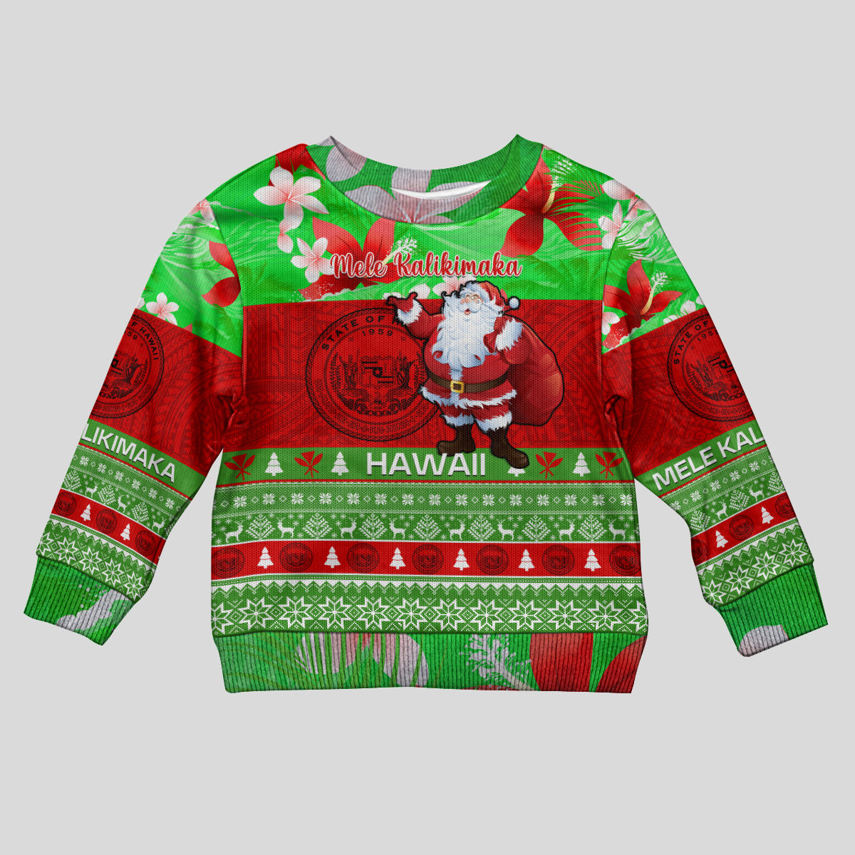 Personalised Hawaii Christmas Kid Ugly Christmas Sweater Mele Kalikimaka Hawaiian Santa Tropical Vibes - Wonder Print Shop