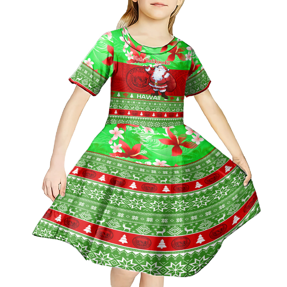 Personalised Hawaii Christmas Kid Short Sleeve Dress Mele Kalikimaka Hawaiian Santa Tropical Vibes - Wonder Print Shop