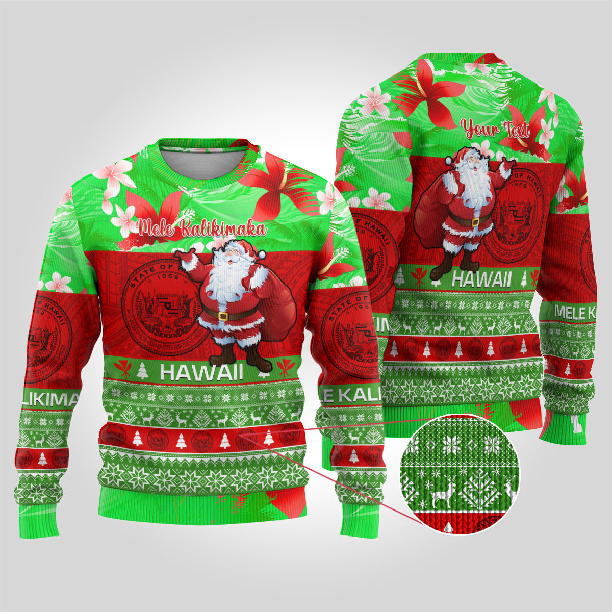 Personalised Hawaii Christmas Ugly Christmas Sweater Mele Kalikimaka Hawaiian Santa Tropical Vibes - Wonder Print Shop