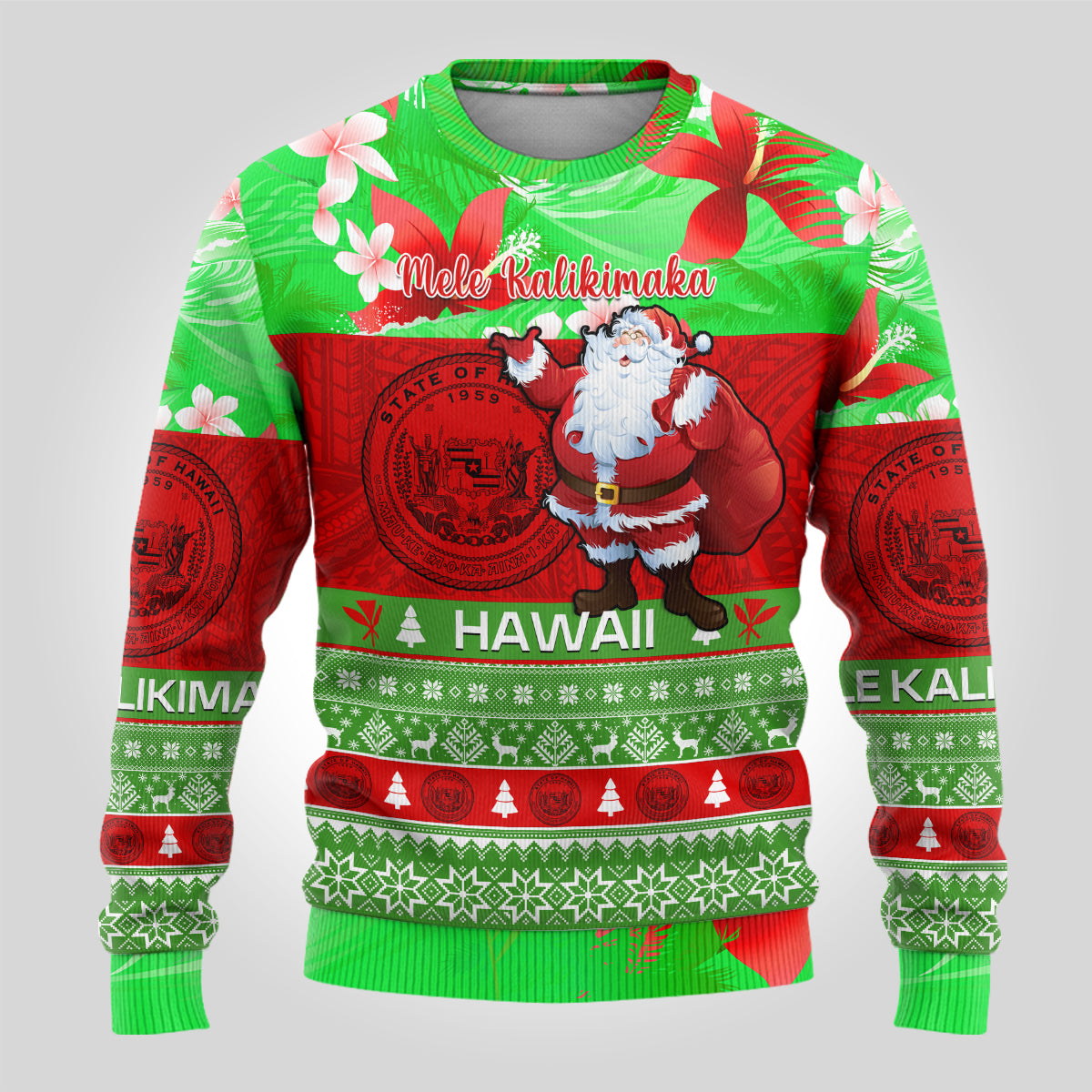 Personalised Hawaii Christmas Ugly Christmas Sweater Mele Kalikimaka Hawaiian Santa Tropical Vibes - Wonder Print Shop
