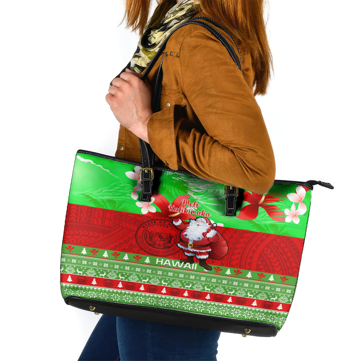 Personalised Hawaii Christmas Leather Tote Bag Mele Kalikimaka Hawaiian Santa Tropical Vibes - Wonder Print Shop