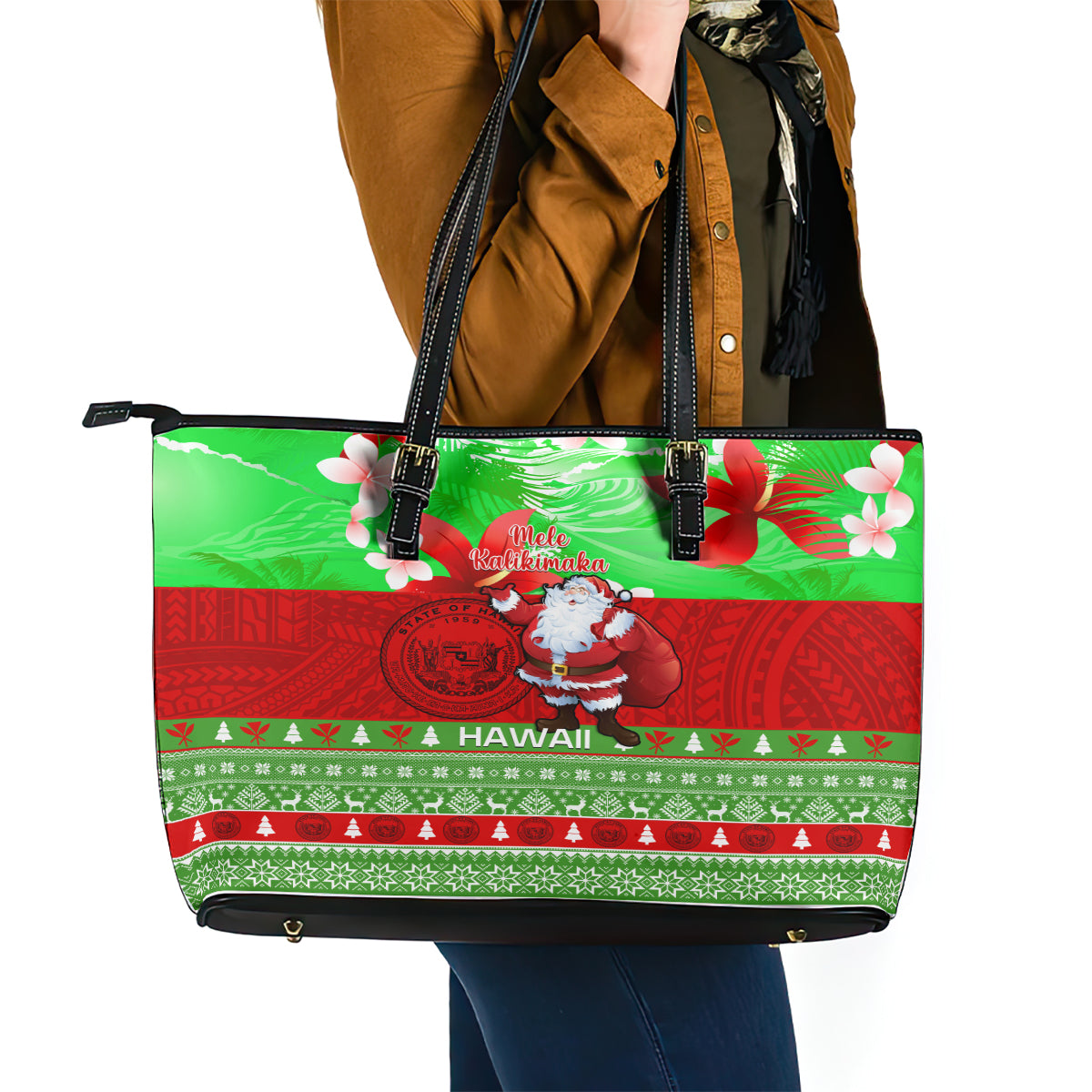 Personalised Hawaii Christmas Leather Tote Bag Mele Kalikimaka Hawaiian Santa Tropical Vibes - Wonder Print Shop