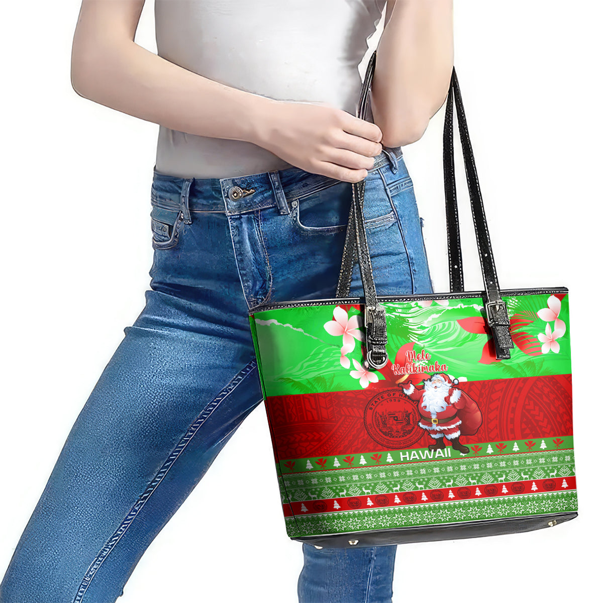 Personalised Hawaii Christmas Leather Tote Bag Mele Kalikimaka Hawaiian Santa Tropical Vibes - Wonder Print Shop