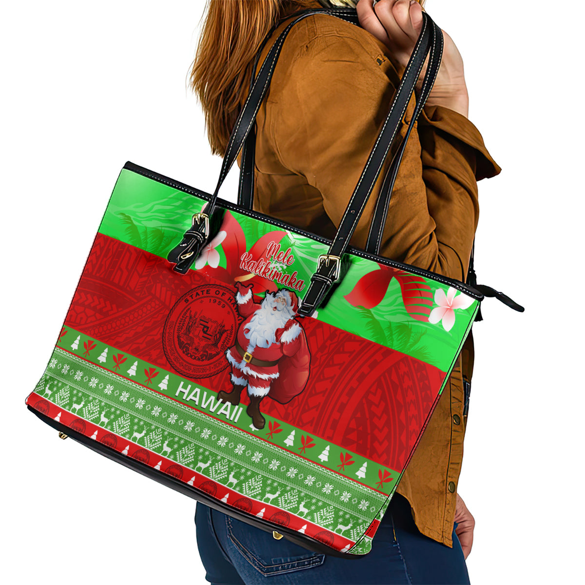 Personalised Hawaii Christmas Leather Tote Bag Mele Kalikimaka Hawaiian Santa Tropical Vibes - Wonder Print Shop