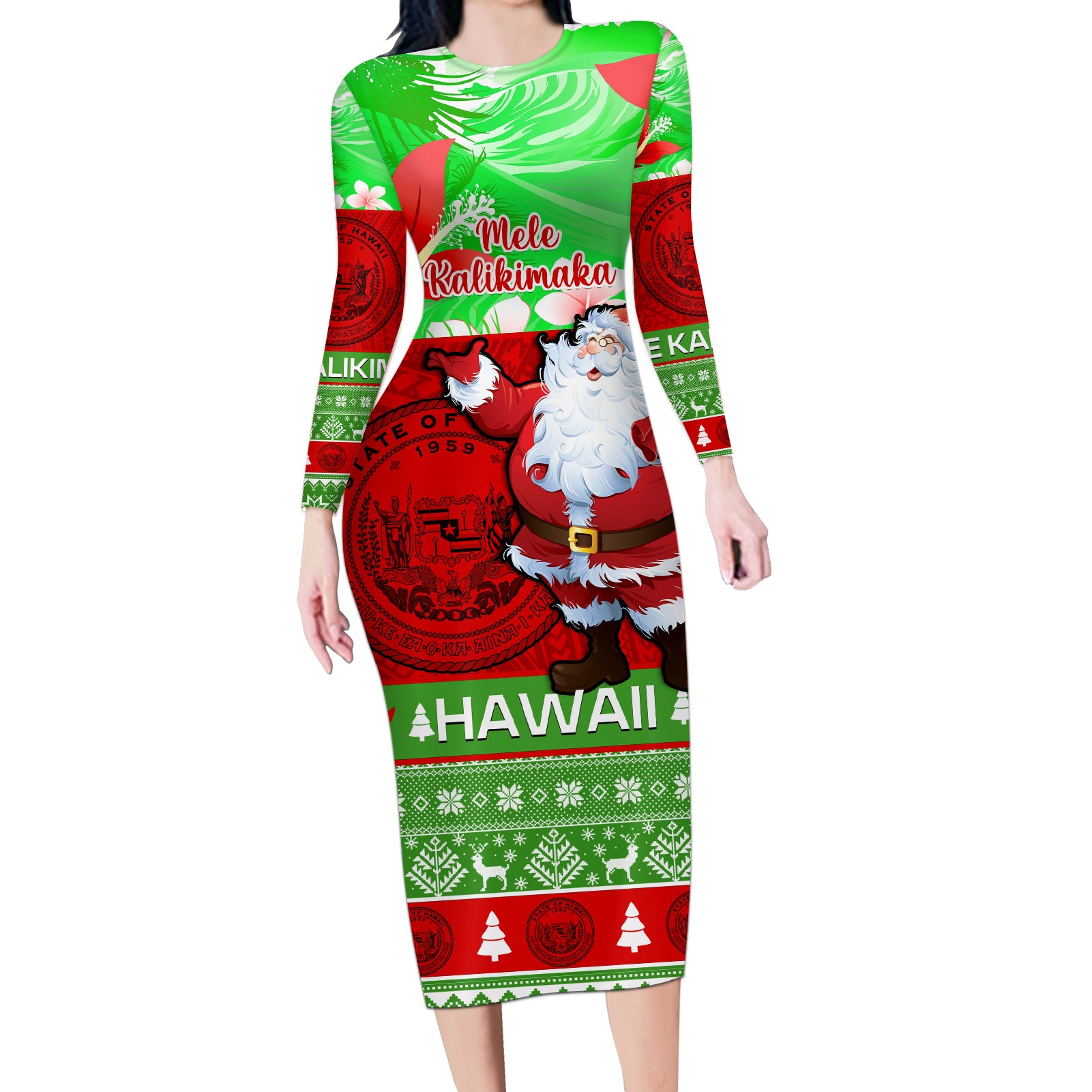 Personalised Hawaii Christmas Long Sleeve Bodycon Dress Mele Kalikimaka Hawaiian Santa Tropical Vibes - Wonder Print Shop