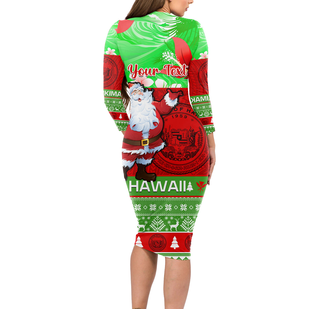 Personalised Hawaii Christmas Long Sleeve Bodycon Dress Mele Kalikimaka Hawaiian Santa Tropical Vibes - Wonder Print Shop