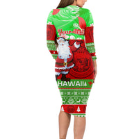 Personalised Hawaii Christmas Long Sleeve Bodycon Dress Mele Kalikimaka Hawaiian Santa Tropical Vibes - Wonder Print Shop
