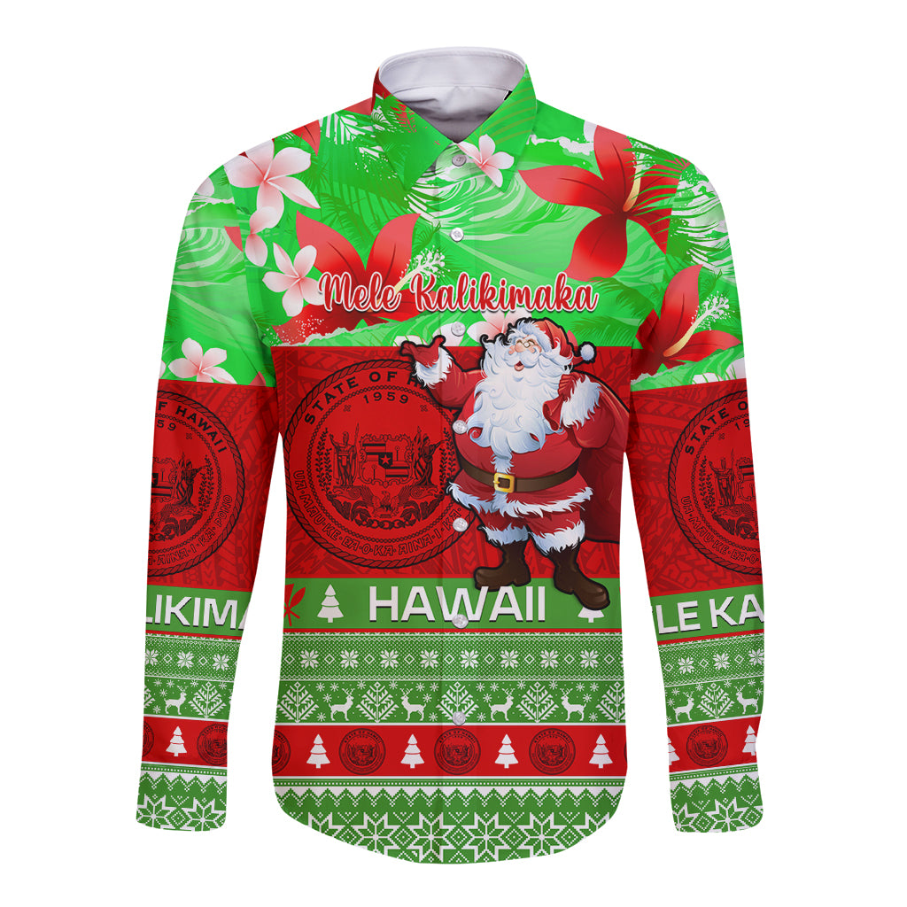 Personalised Hawaii Christmas Long Sleeve Button Shirt Mele Kalikimaka Hawaiian Santa Tropical Vibes - Wonder Print Shop