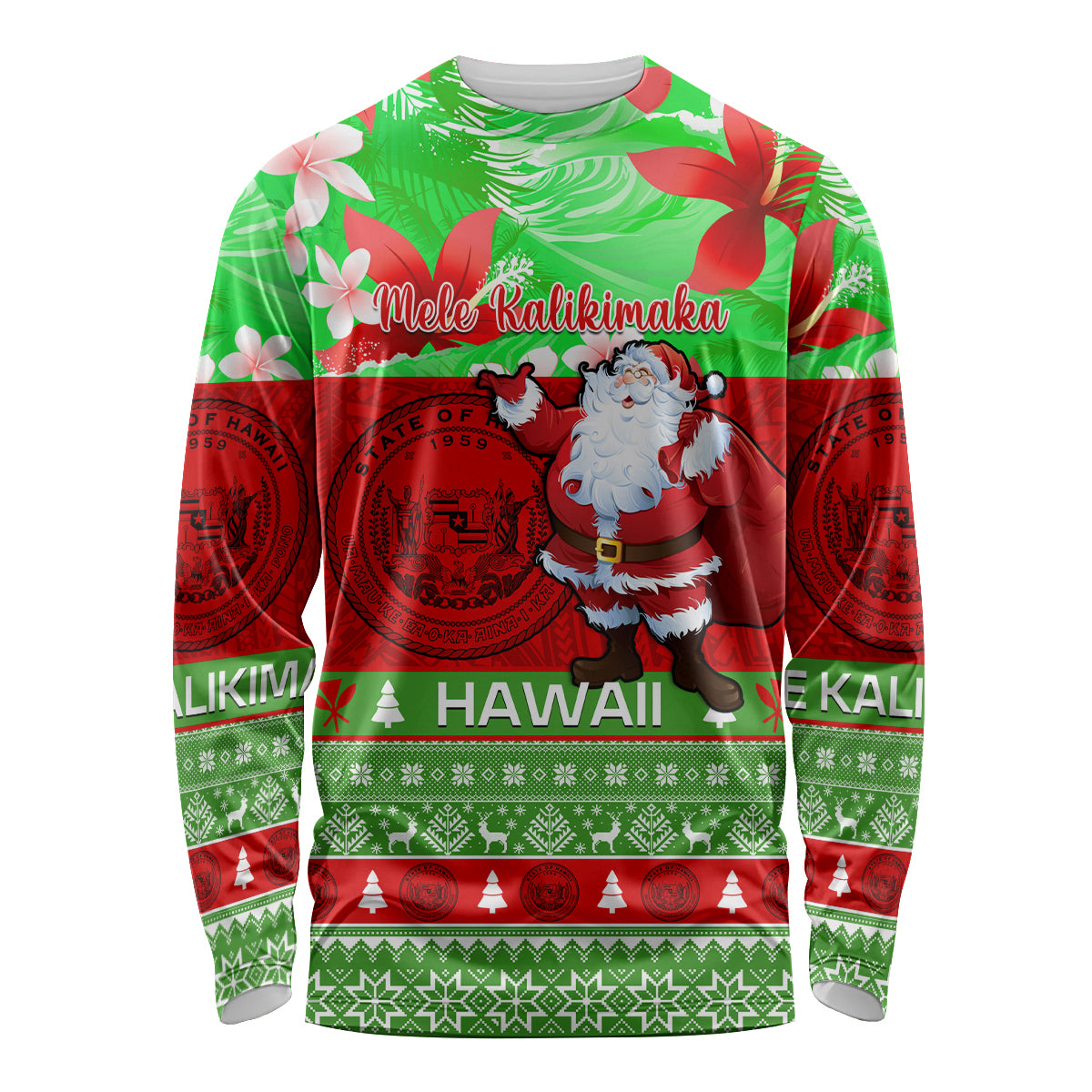 Personalised Hawaii Christmas Long Sleeve Shirt Mele Kalikimaka Hawaiian Santa Tropical Vibes - Wonder Print Shop