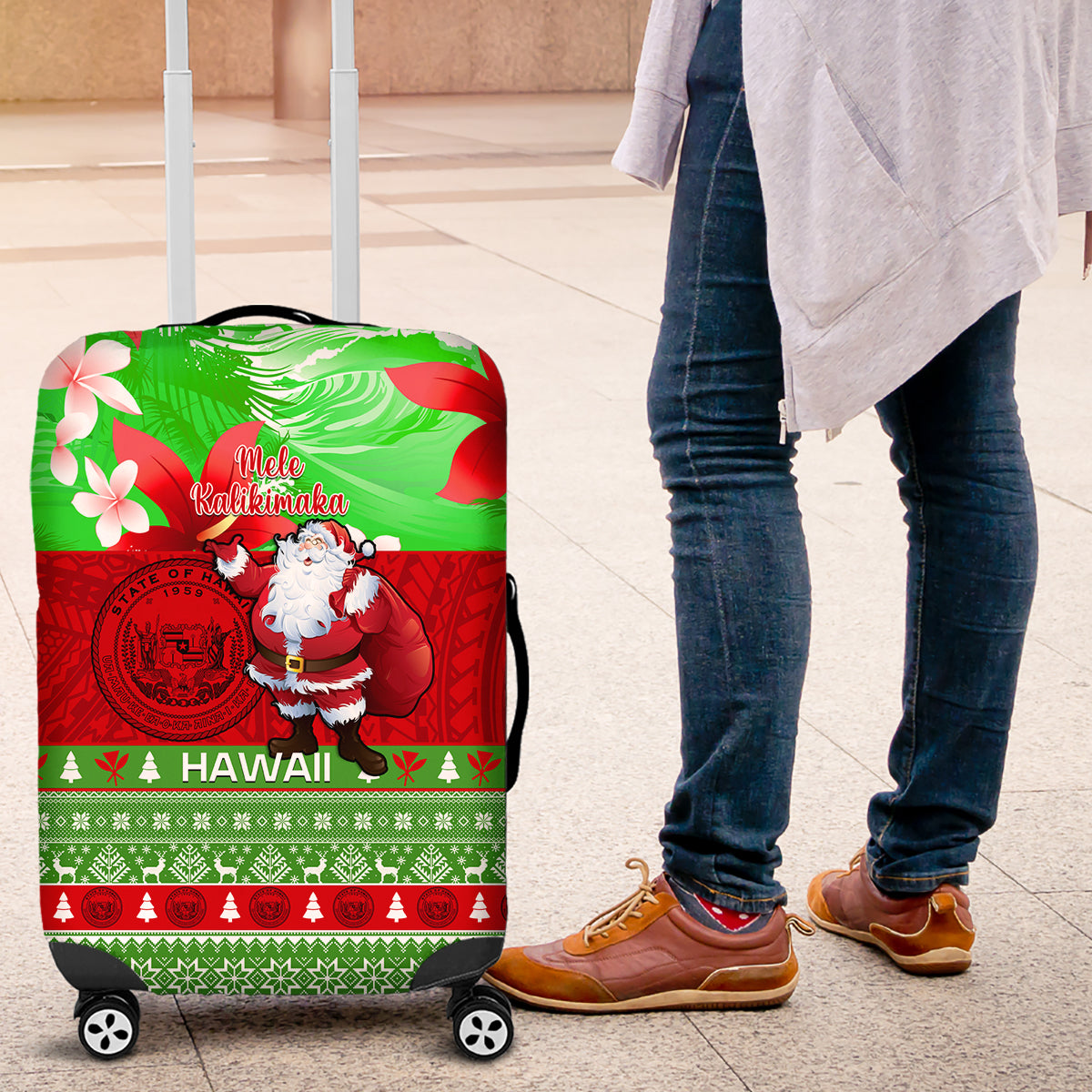 Personalised Hawaii Christmas Luggage Cover Mele Kalikimaka Hawaiian Santa Tropical Vibes - Wonder Print Shop