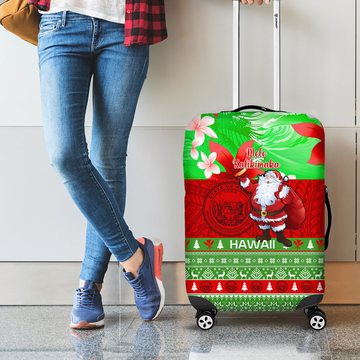 Personalised Hawaii Christmas Luggage Cover Mele Kalikimaka Hawaiian Santa Tropical Vibes - Wonder Print Shop