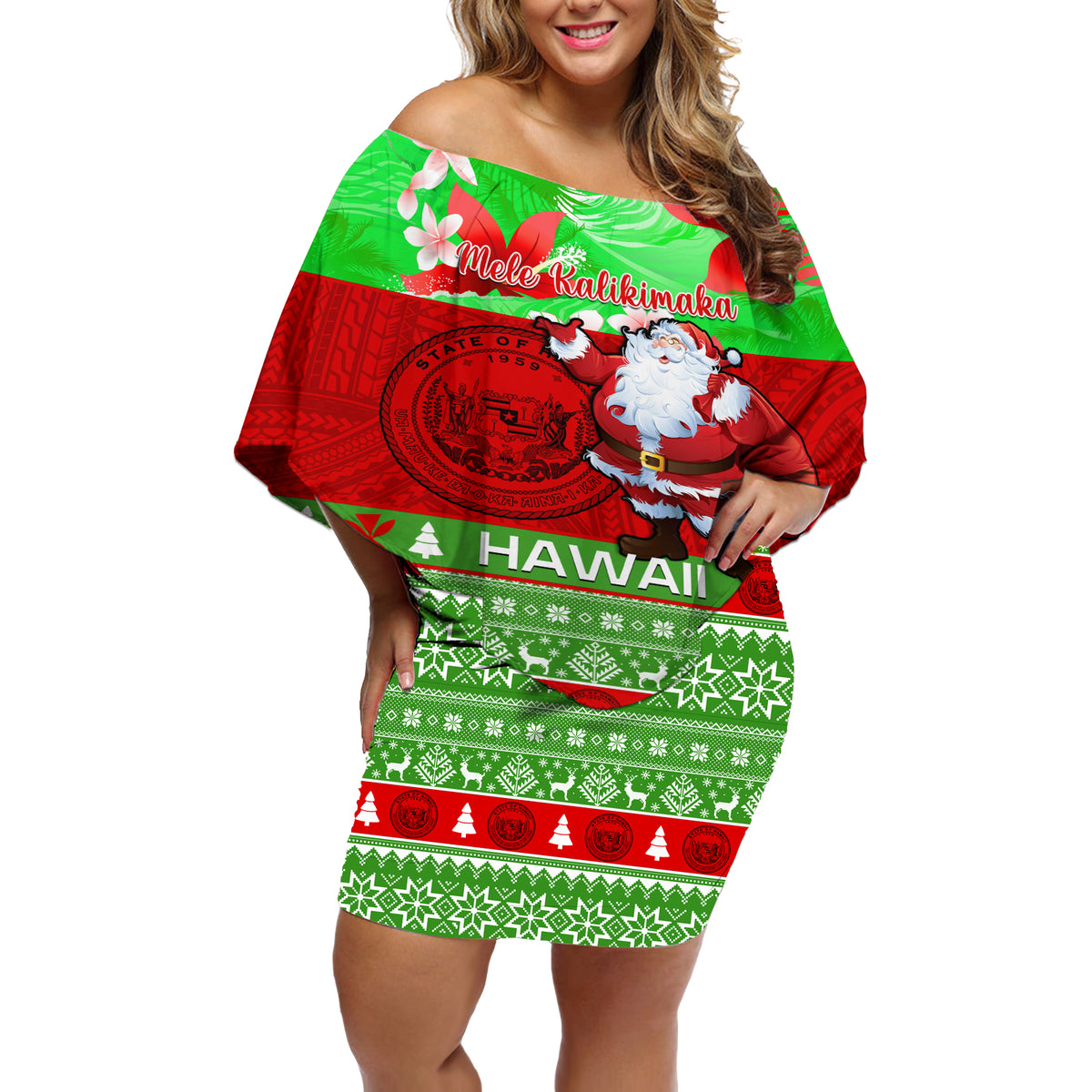 Personalised Hawaii Christmas Off Shoulder Short Dress Mele Kalikimaka Hawaiian Santa Tropical Vibes - Wonder Print Shop
