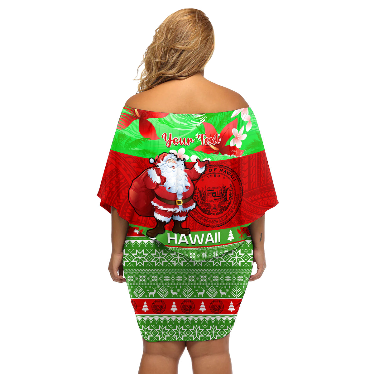 Personalised Hawaii Christmas Off Shoulder Short Dress Mele Kalikimaka Hawaiian Santa Tropical Vibes - Wonder Print Shop