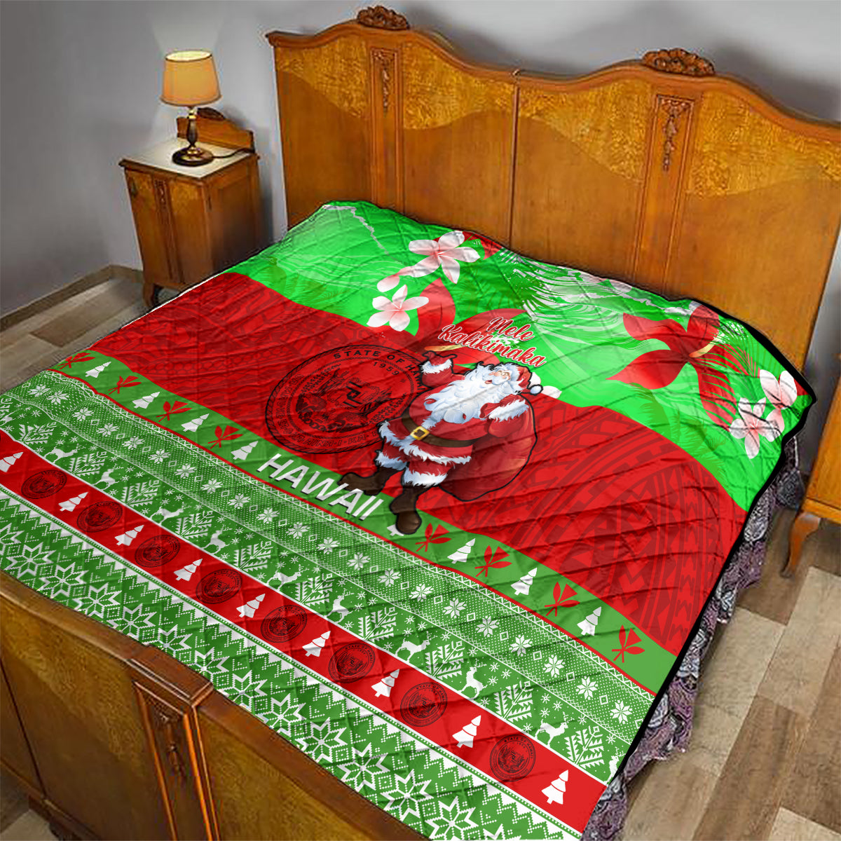 Personalised Hawaii Christmas Quilt Mele Kalikimaka Hawaiian Santa Tropical Vibes - Wonder Print Shop